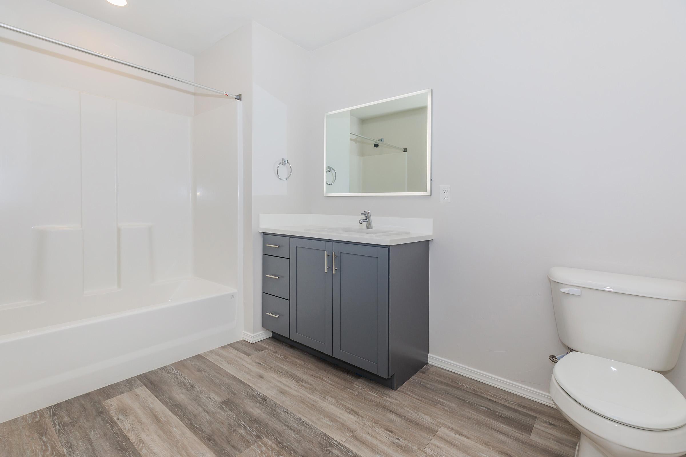 Modern bathroom featuring a bathtub with a surrounding white surround, a gray vanity with multiple drawers, a mirror, and a white toilet. The floor has wood-like laminate and the walls are painted white, creating a clean and minimalist look.