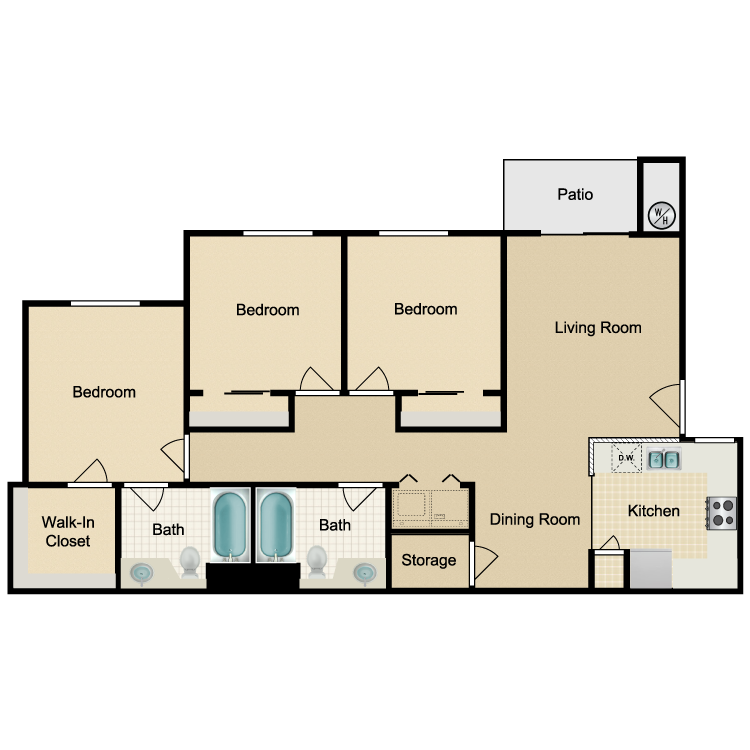 Plan B, a 3 bedroom 2 bathroom floor plan.