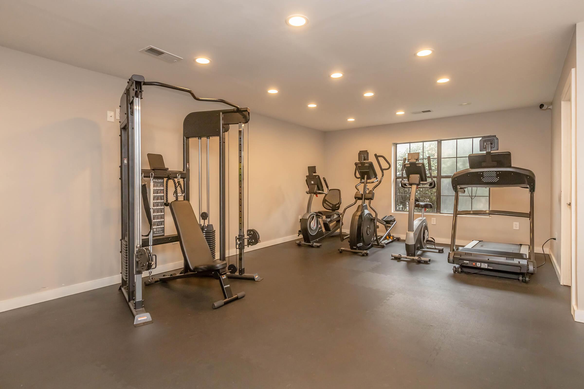 A well-lit home gym featuring a cable machine, an elliptical machine, and a treadmill, all on a black rubberized floor. The walls are painted a light color, and there are large windows allowing natural light to enter the space.