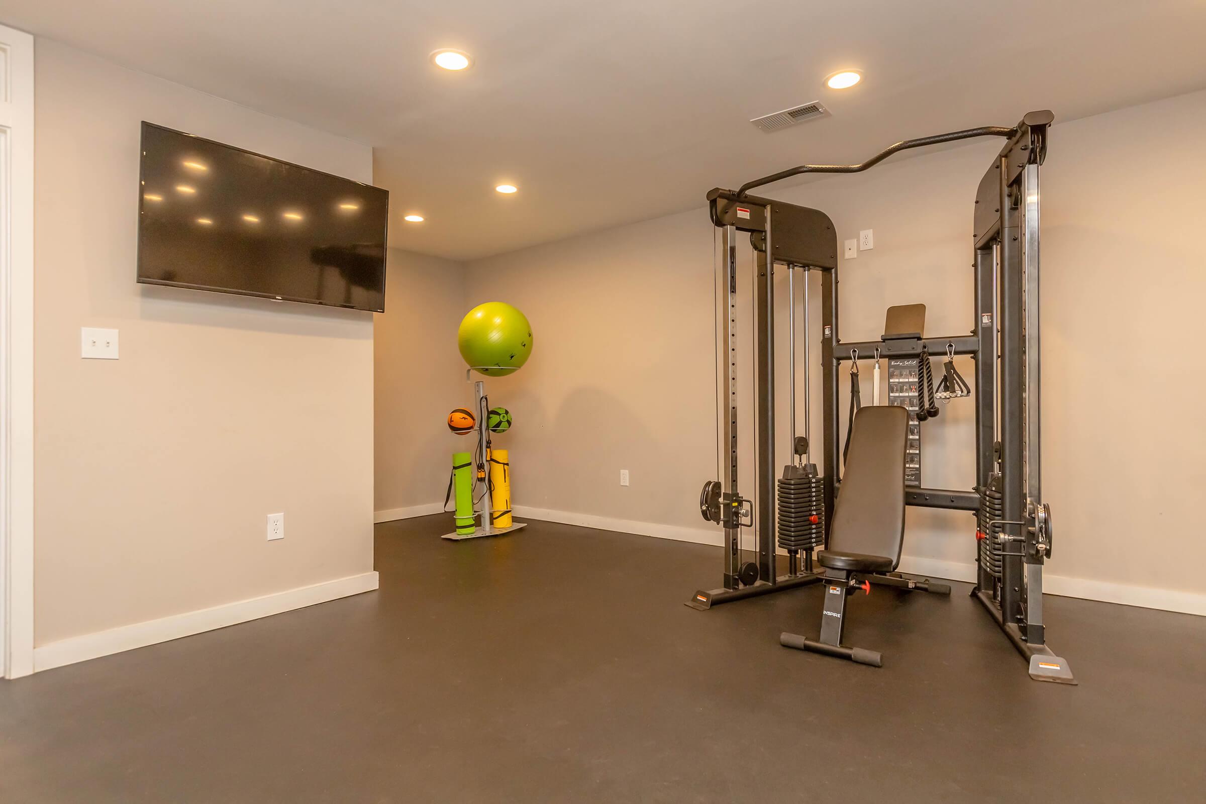 A well-lit home gym featuring a multi-functional weight machine, a flat-screen TV mounted on the wall, and colorful exercise equipment, including a large green stability ball and a rack with weights. The flooring is dark and durable, contributing to an inviting fitness space.