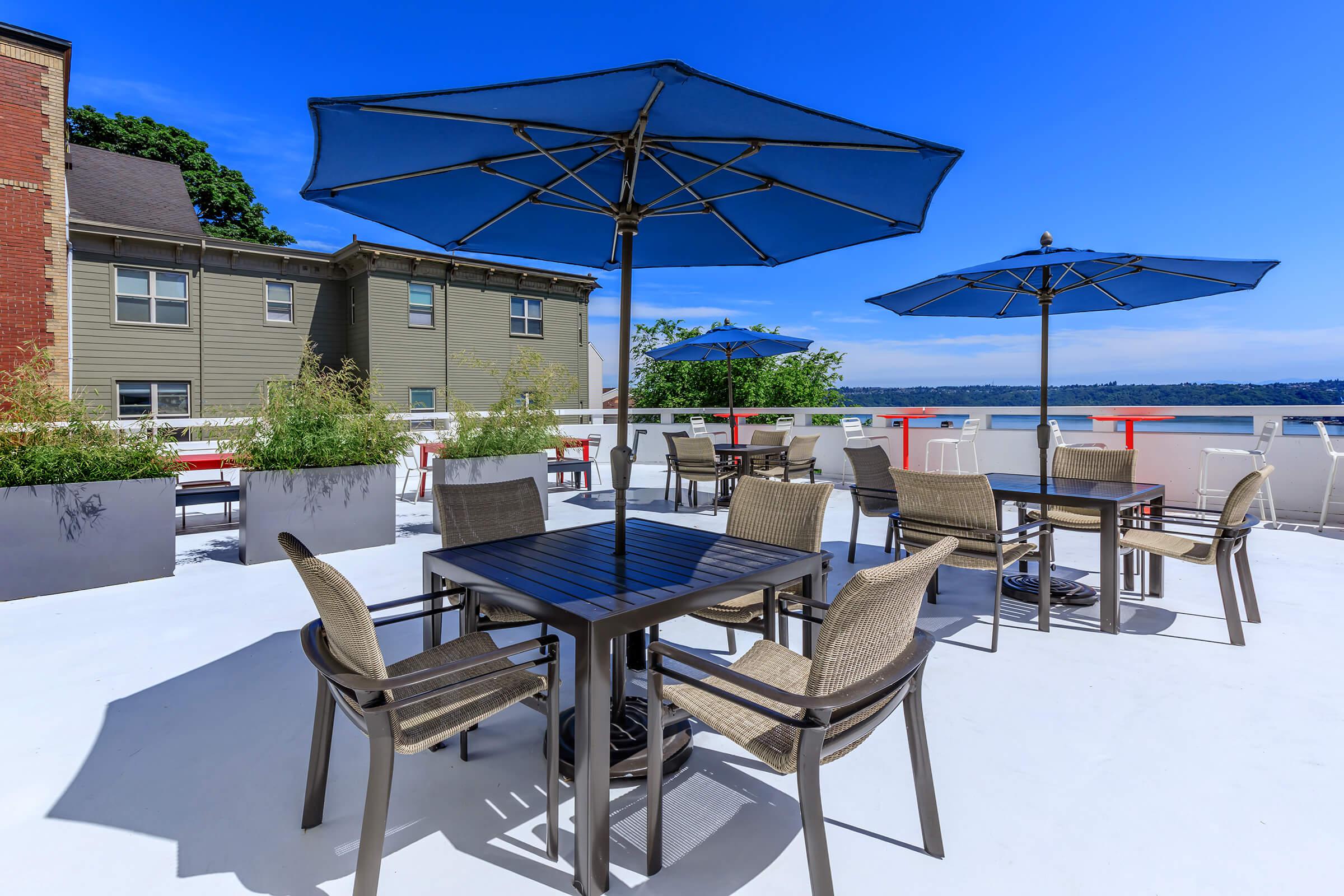Pet-Friendly Apartments In Tacoma - Rooftop Lounge Area With Patio Tables and Chairs Plus Spectacular Views
