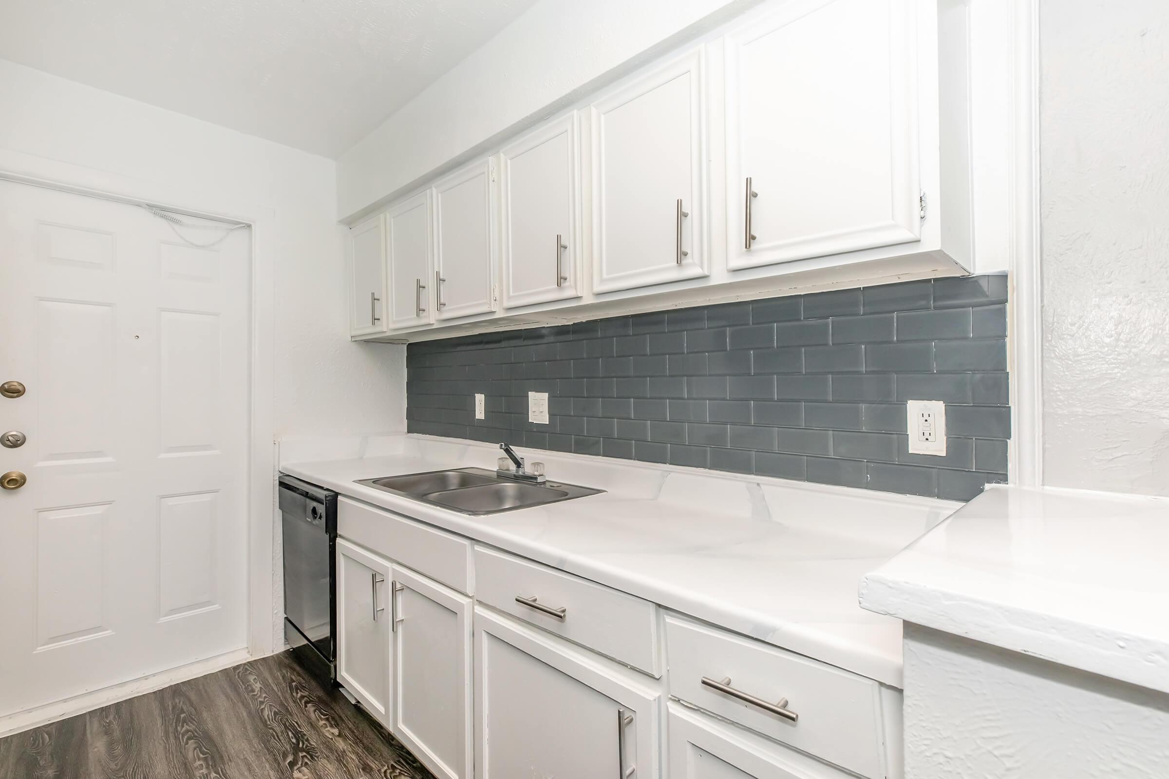 A modern kitchen featuring white cabinetry, a gray tiled backsplash, stainless steel appliances including a dishwasher, a double sink, and a light-colored countertop. The space has a clean, minimalist aesthetic with a door visible on the left side.