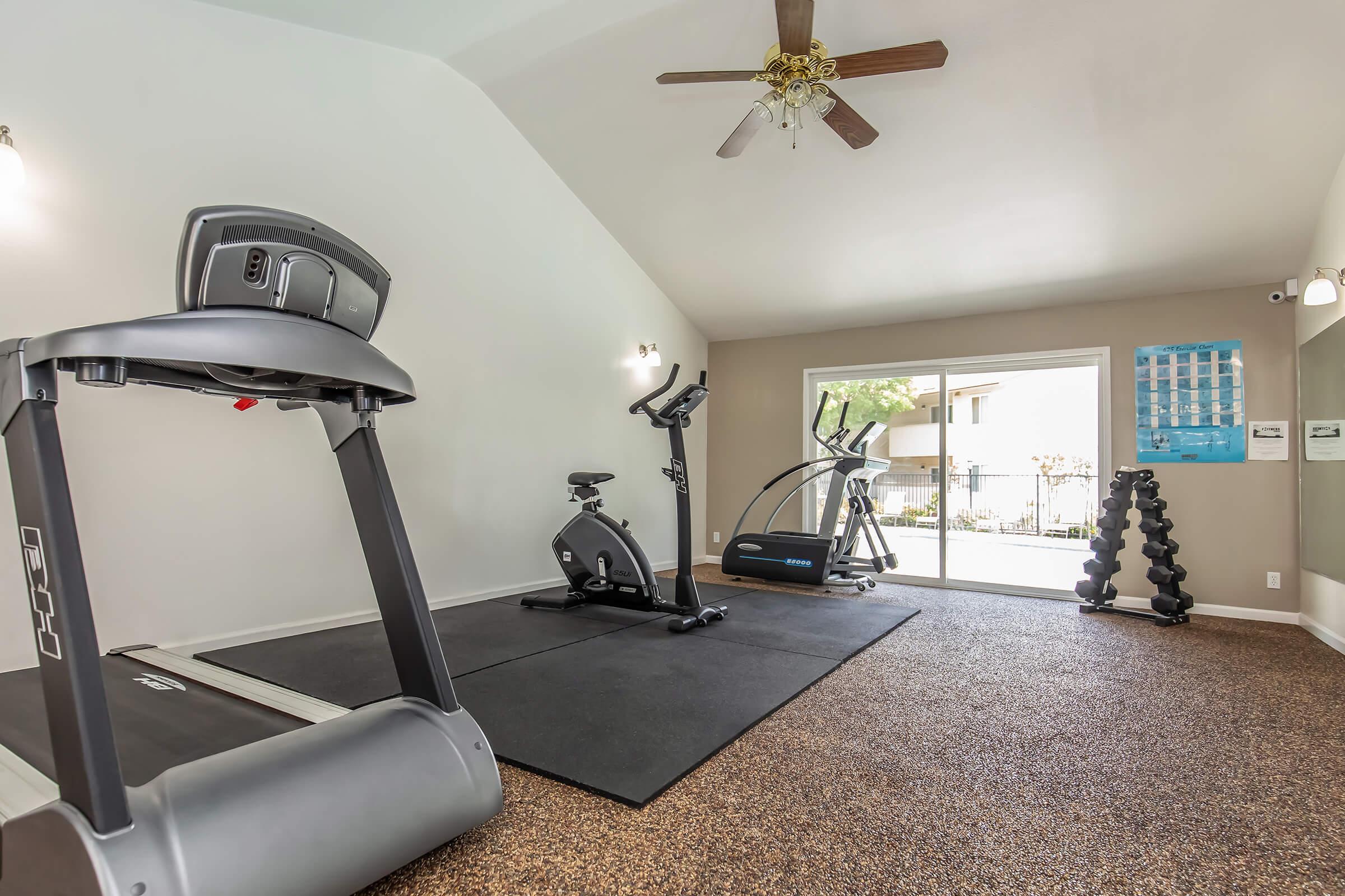 A well-equipped indoor gym featuring a treadmill, stationary bike, elliptical machine, and free weights. Large windows allow natural light to fill the room, and the flooring is made of dark, textured material. A ceiling fan is also visible, enhancing the comfortable atmosphere.