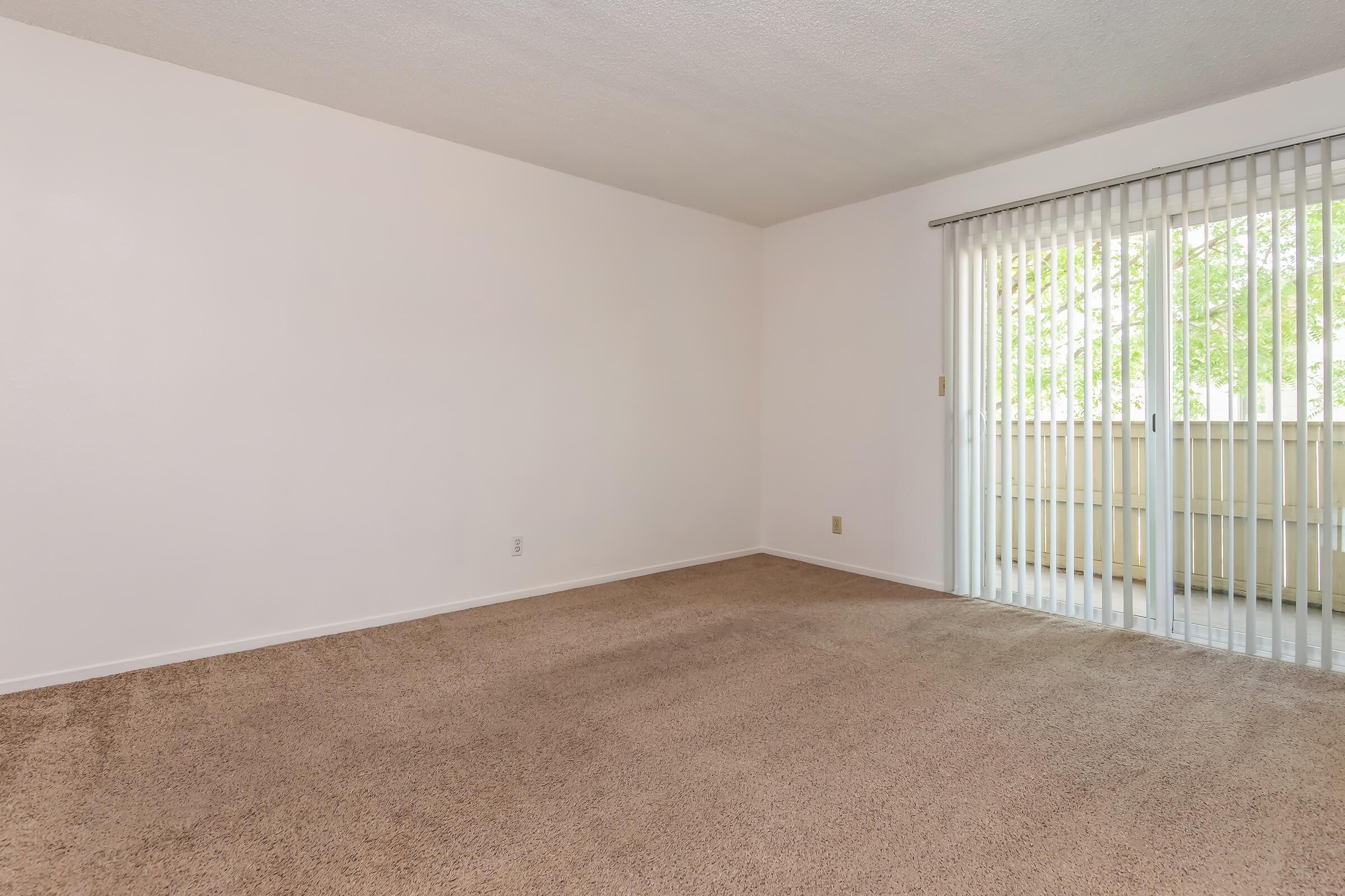 A spacious, empty room with light beige carpet and white walls. A sliding glass door with vertical blinds leads to a balcony, allowing natural light to enter. The room is devoid of furniture, creating a clean and open atmosphere.