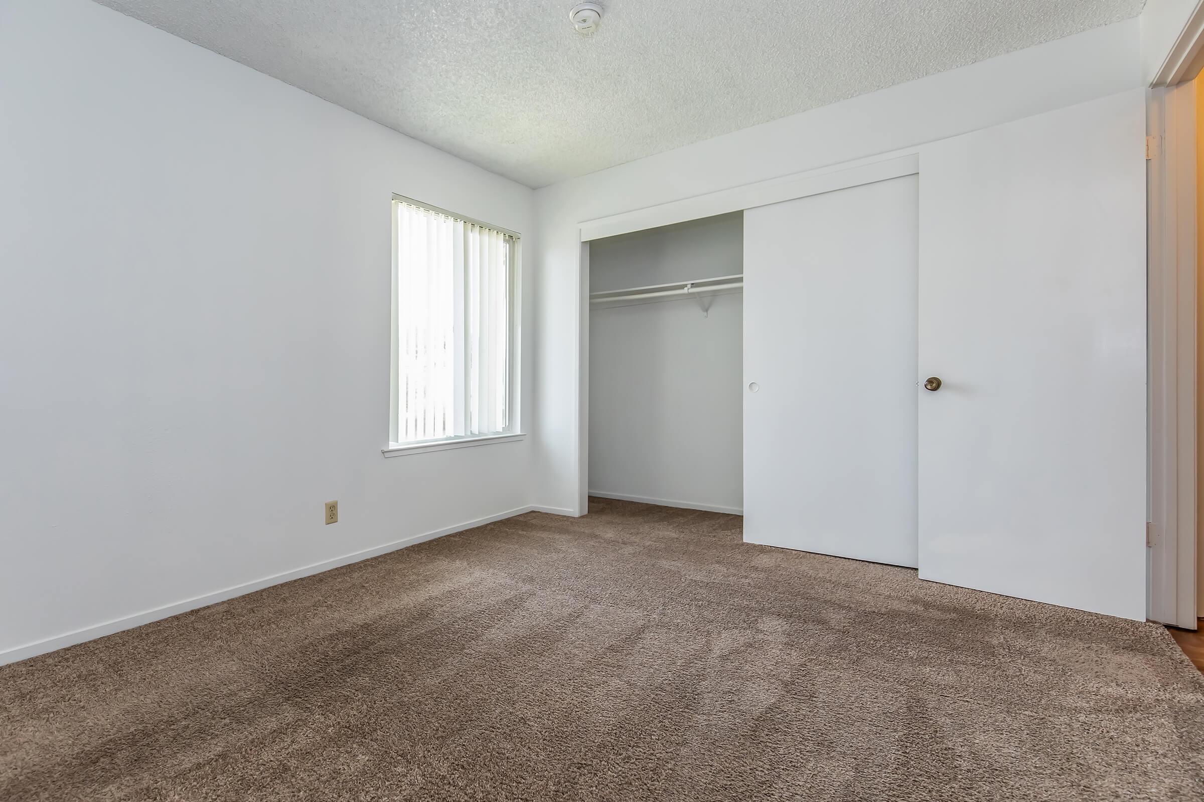 Empty room featuring light-colored walls, a window with vertical blinds, and a closet with sliding doors. The floor is covered in carpet, creating a cozy atmosphere. The space has a neutral, unfurnished look, suitable for various decorative styles. Natural light partially fills the room.