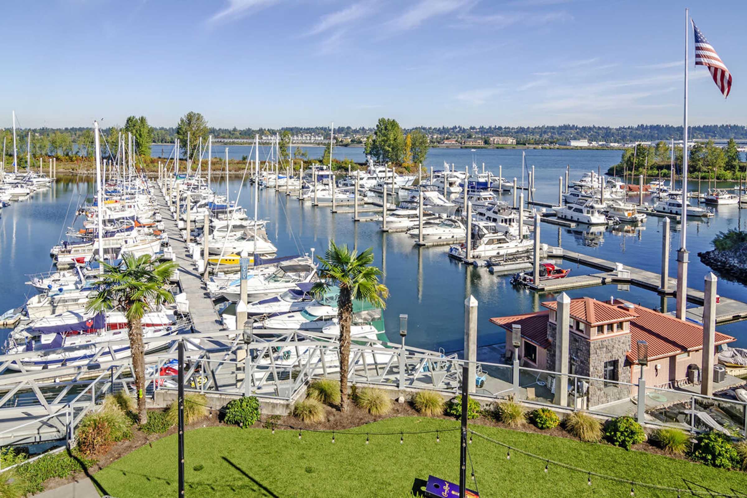 A vibrant marina filled with numerous yachts and boats docked at the piers, surrounded by lush greenery and a clear blue sky. In the background, distant hills and an American flag waving, reflecting a picturesque coastal scene.