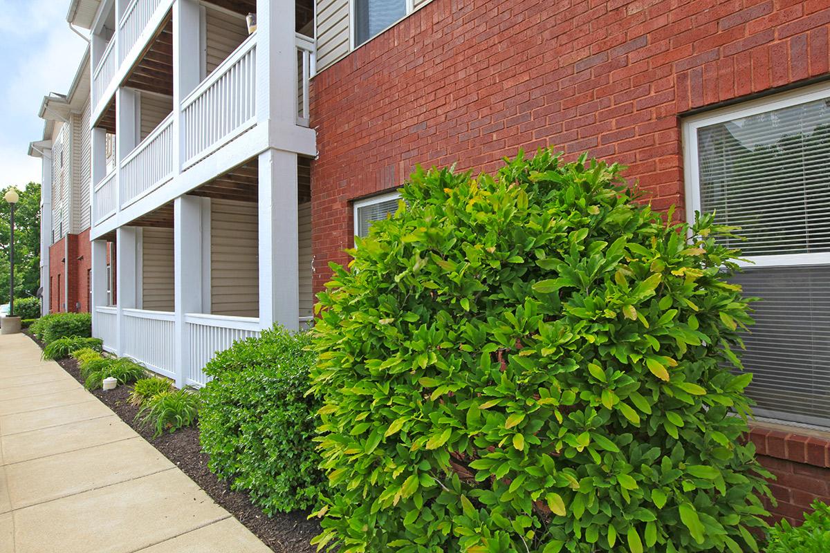 a garden in front of a brick building