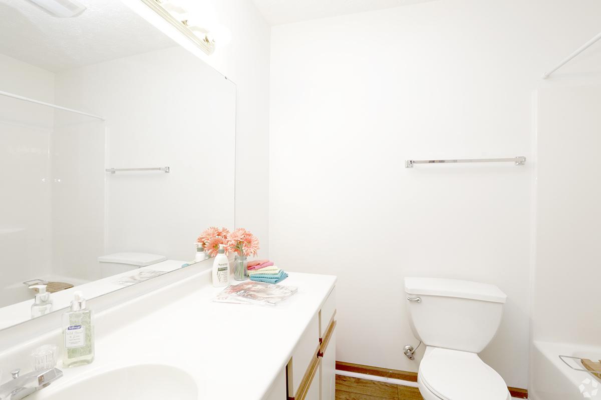A clean and bright bathroom featuring a white sink with a mirror above, a modern toilet, and neatly stacked towels in pastel colors. A small vase of pink flowers adds a touch of decor, and the space has light-colored walls and wooden flooring, creating a fresh and inviting atmosphere.