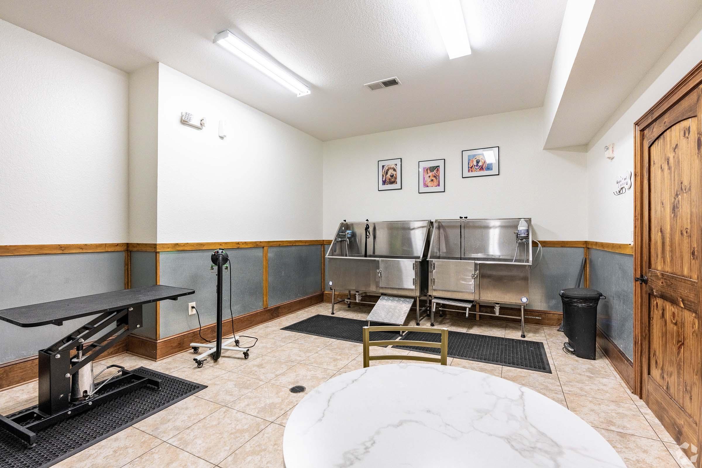A clean, well-lit grooming room featuring two stainless steel grooming tables with storage underneath, a standing dryer, and a table in the foreground. The walls are decorated with pet-themed artworks, and there are rubber mats on the floor for comfort and safety.