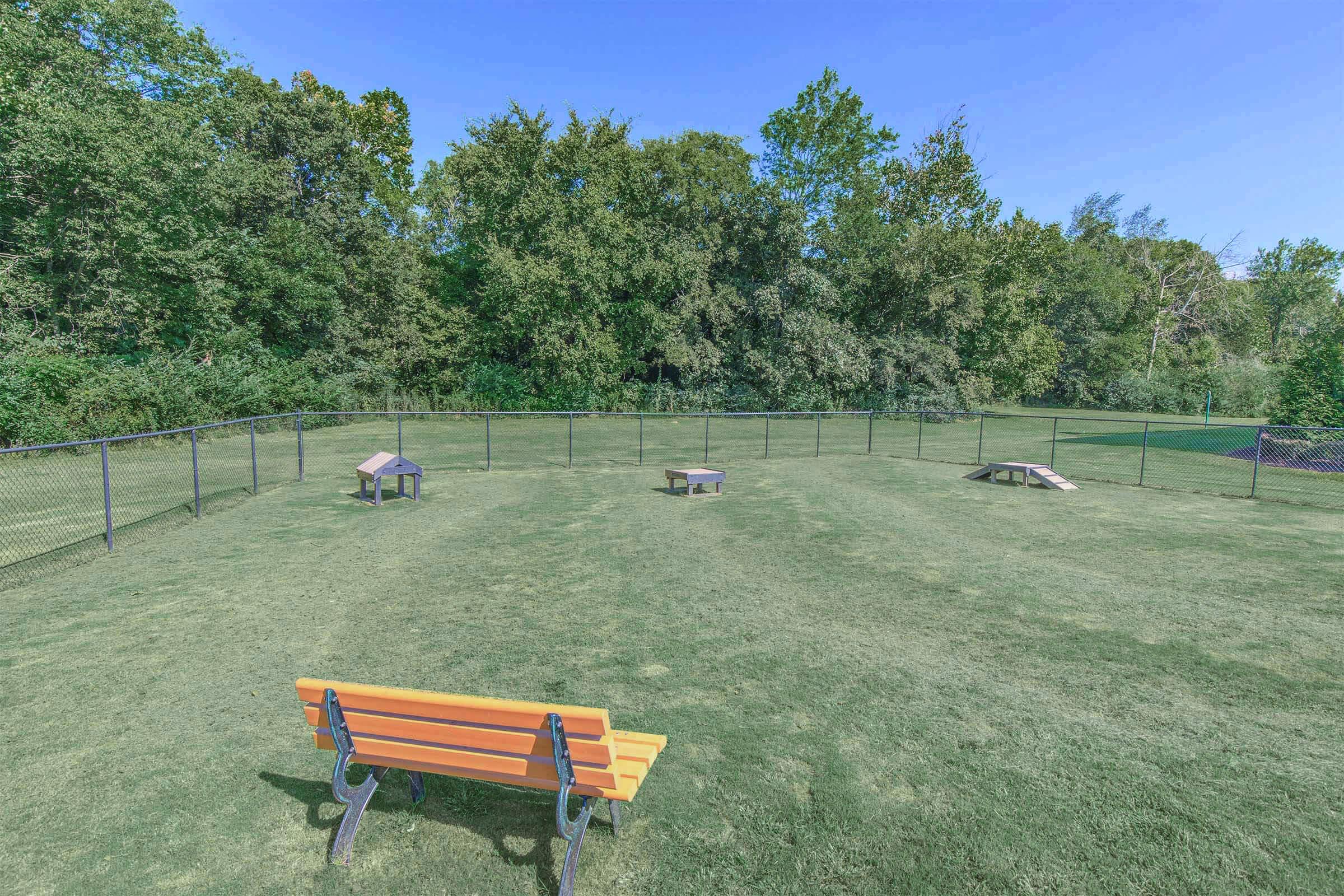 A spacious, fenced dog park featuring green grass, two small benches, and agility equipment in the background, surrounded by trees and a clear blue sky.