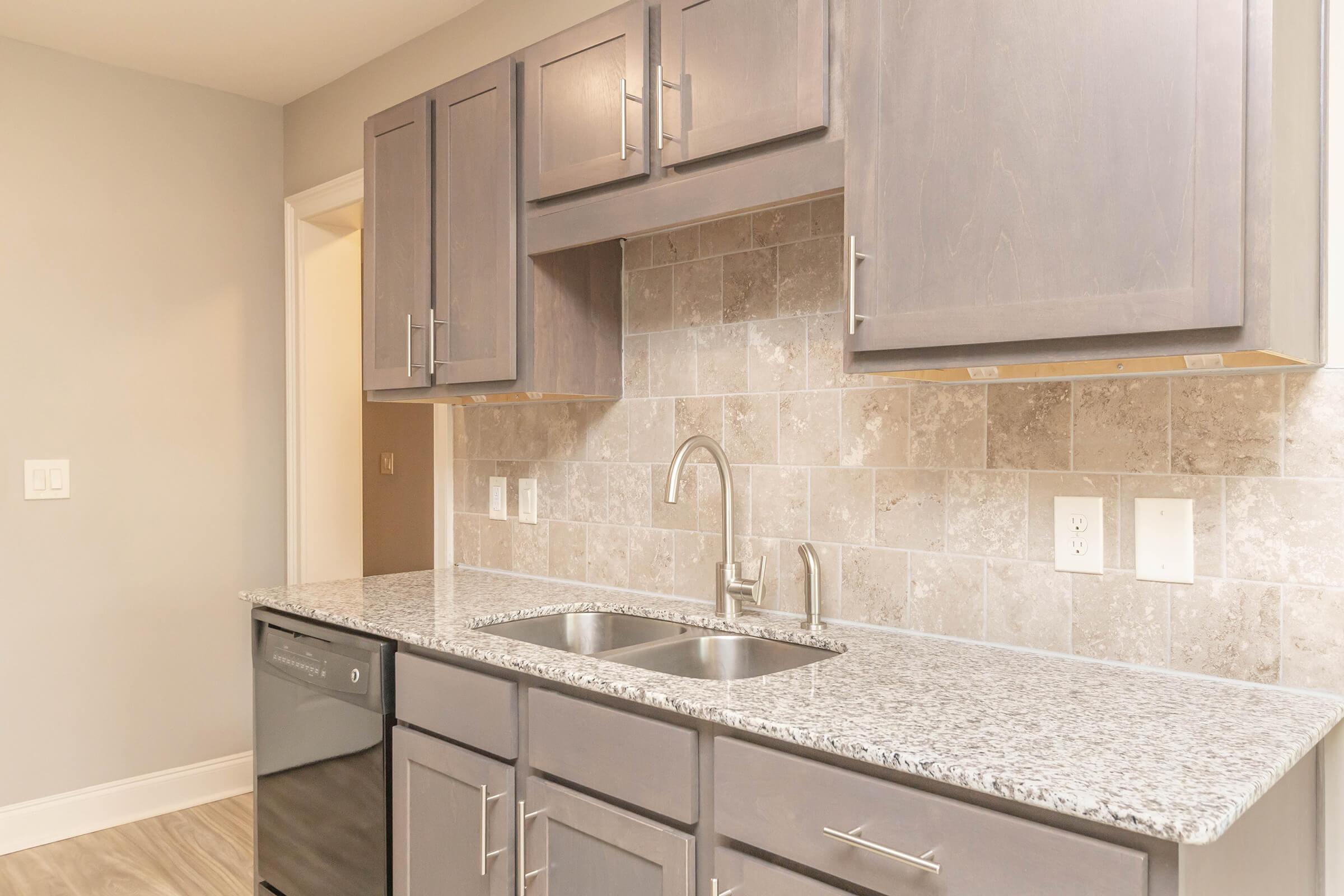 A modern kitchen featuring gray cabinets, a granite countertop, and a tile backsplash. The sink is centrally located with a stylish faucet, and there is a black dishwasher visible beneath the counter. Soft lighting enhances the contemporary design, creating a warm and inviting atmosphere.