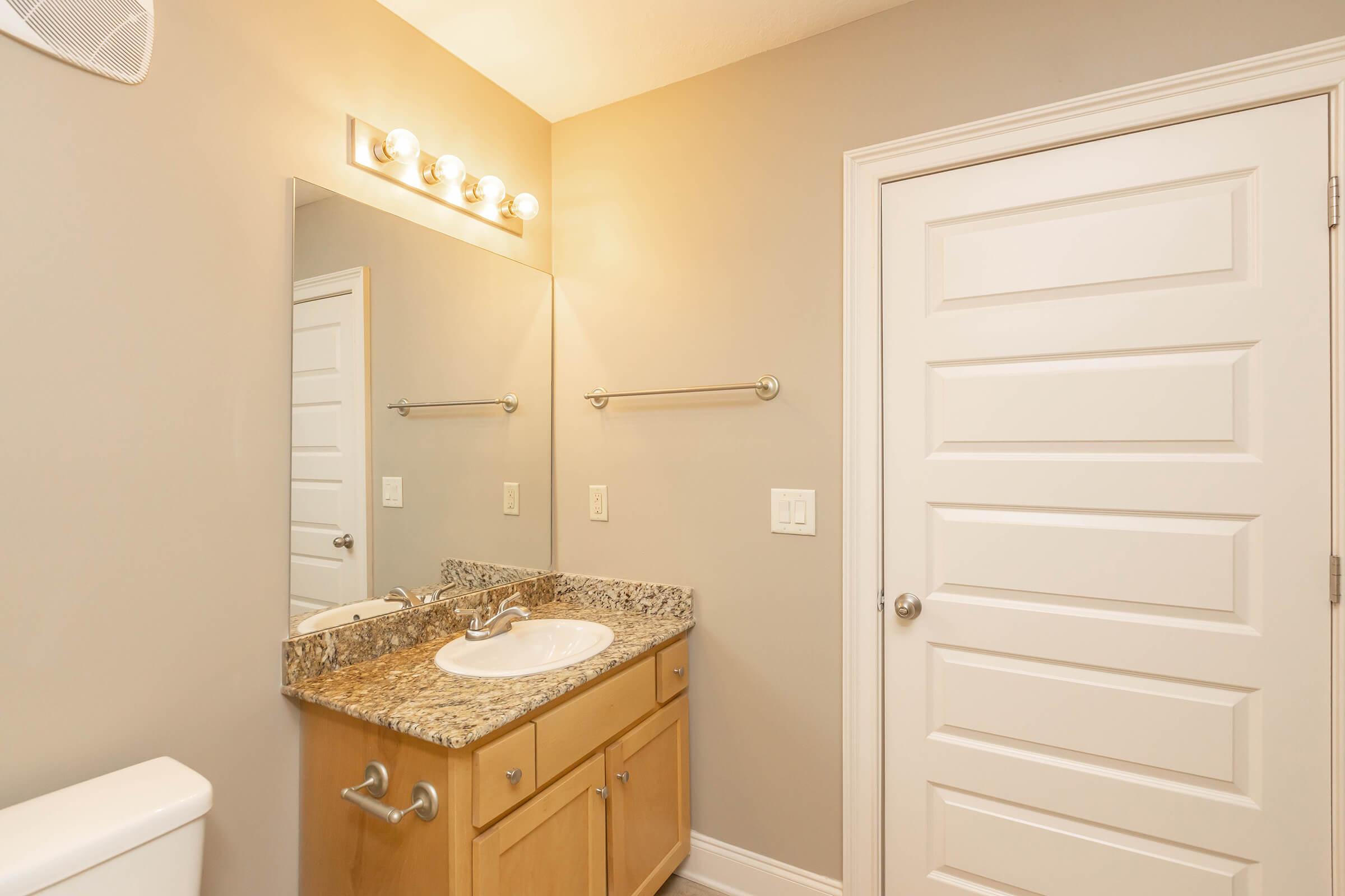 A modern bathroom featuring a granite countertop with a sink, a large mirror above it, and a light fixture with multiple bulbs. The walls are painted a soft neutral color, and there are white cabinets below the sink. A closed white door and a towel rack can also be seen in the background.