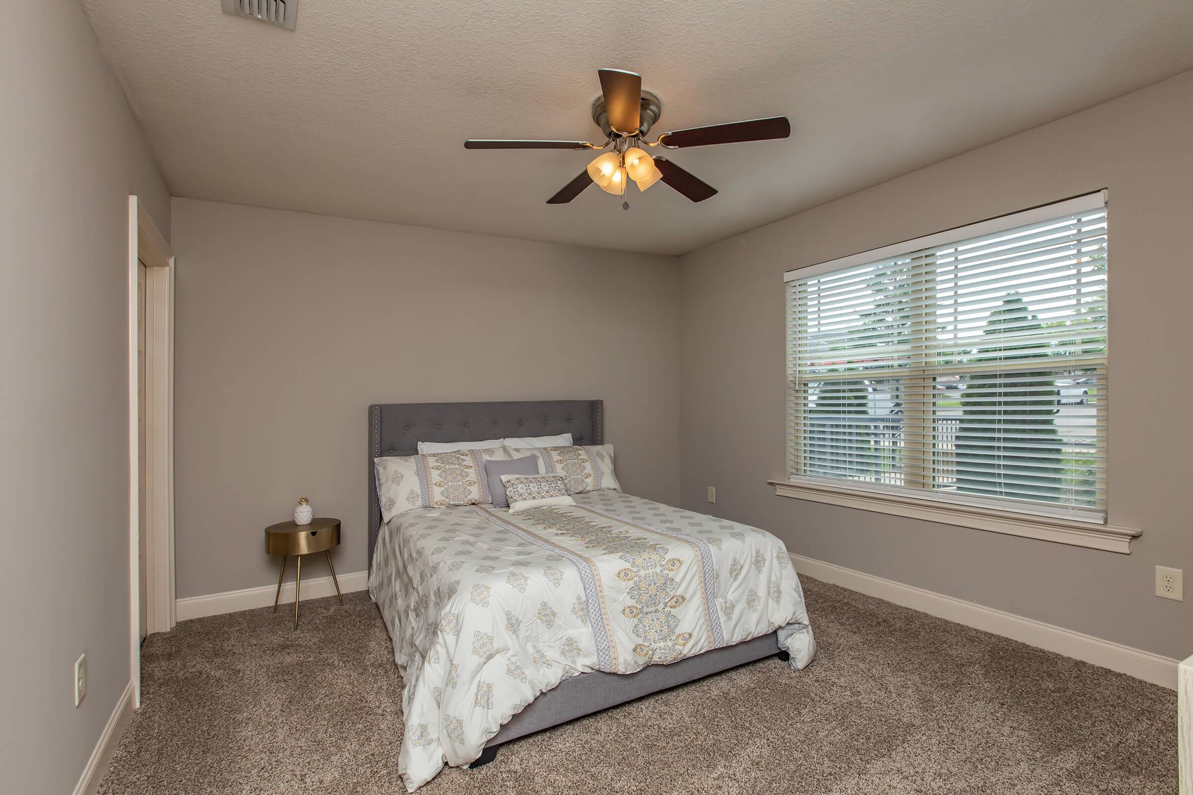 A cozy bedroom featuring a queen-sized bed with decorative bedding, a bedside table with a lamp, and a ceiling fan. Natural light filters in through a window with blinds, illuminating the softly painted walls and plush carpet, creating a warm and inviting atmosphere.