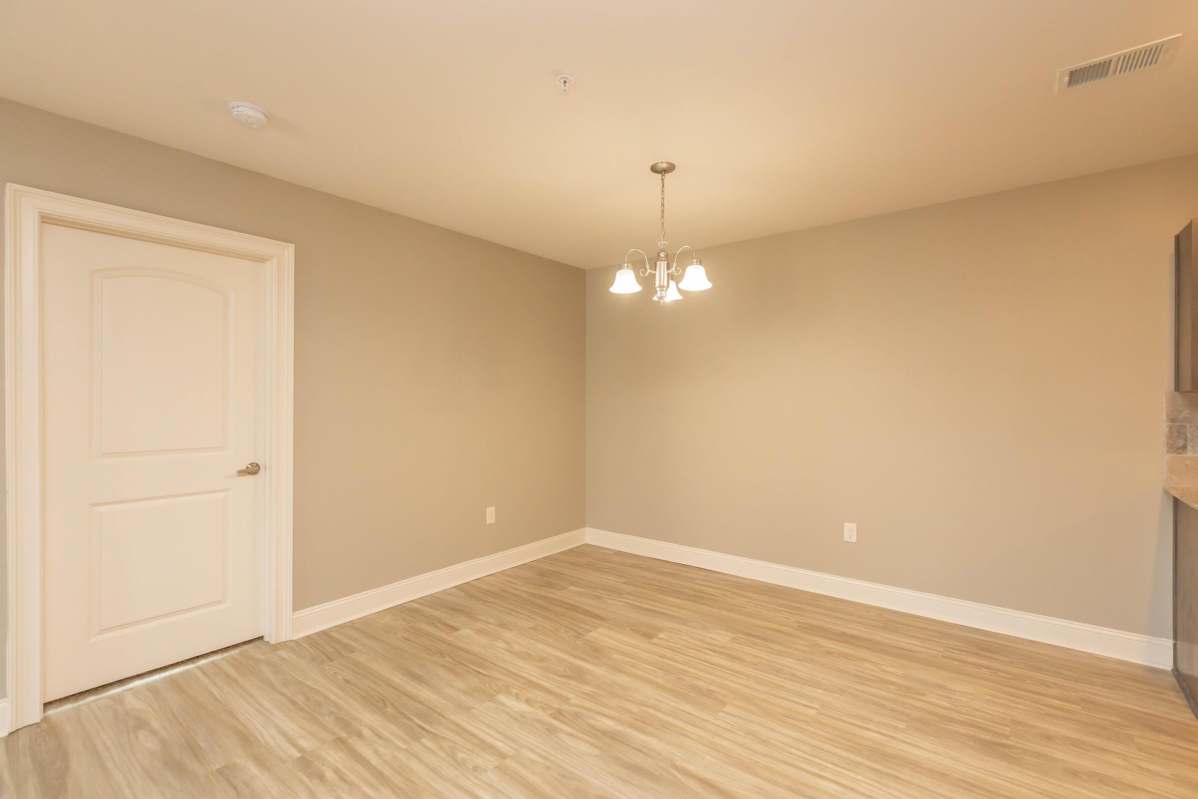 Empty interior room featuring light gray walls, a wood-look floor, a white door, and a ceiling light fixture with three bulbs. The space is unfurnished, creating an open and airy atmosphere.