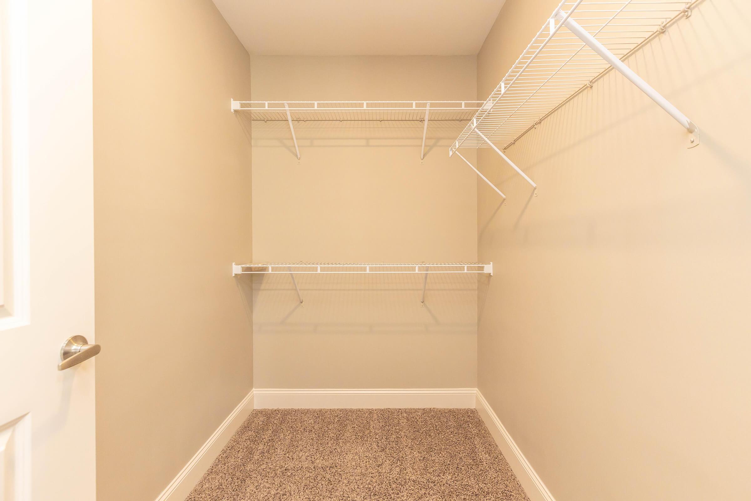 A spacious, empty closet featuring two wire shelving units on the walls. The walls are painted a light color, and the floor is carpeted in a neutral shade. The closet has a white door that is partially visible, creating a clean and tidy environment.