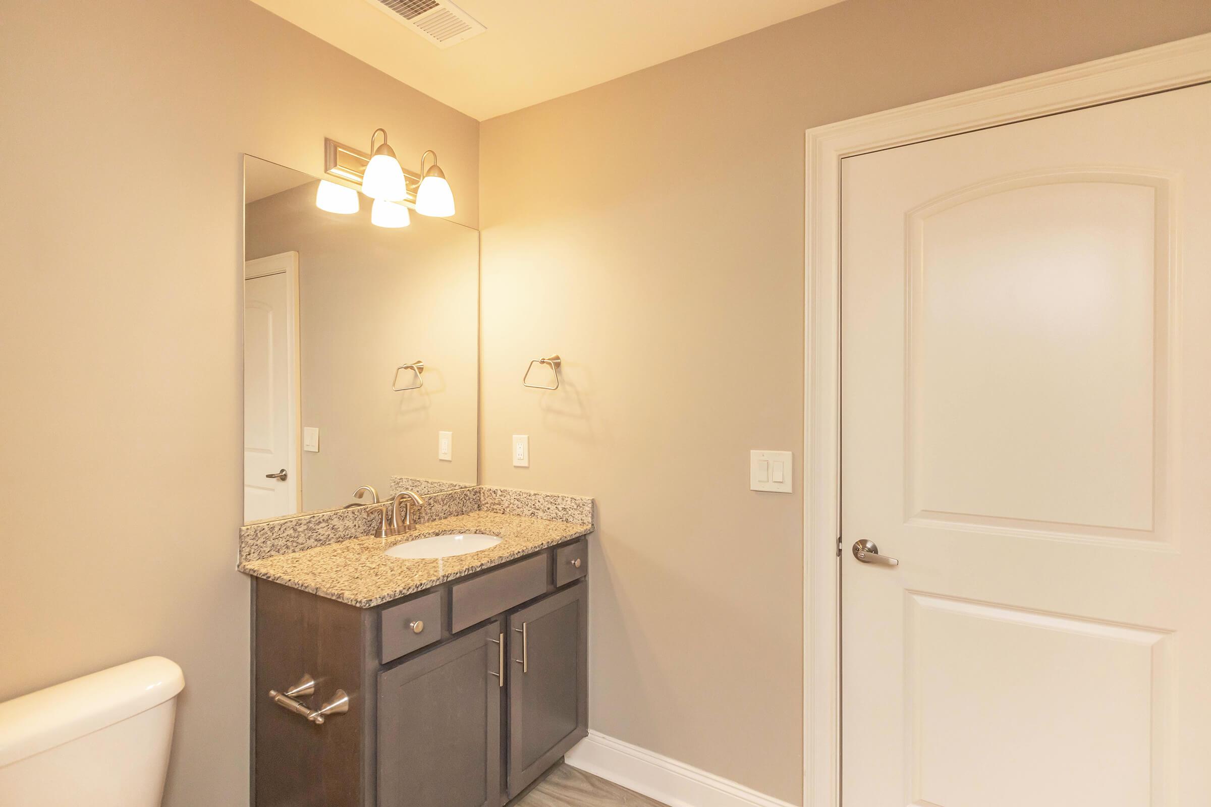 A modern bathroom featuring a granite countertop with a sink, complemented by a large mirror and stylish lighting. The cabinetry is dark wood, and there's a white toilet visible on the left. The walls are painted a neutral beige, creating a warm and inviting atmosphere. A closed door is on the right.