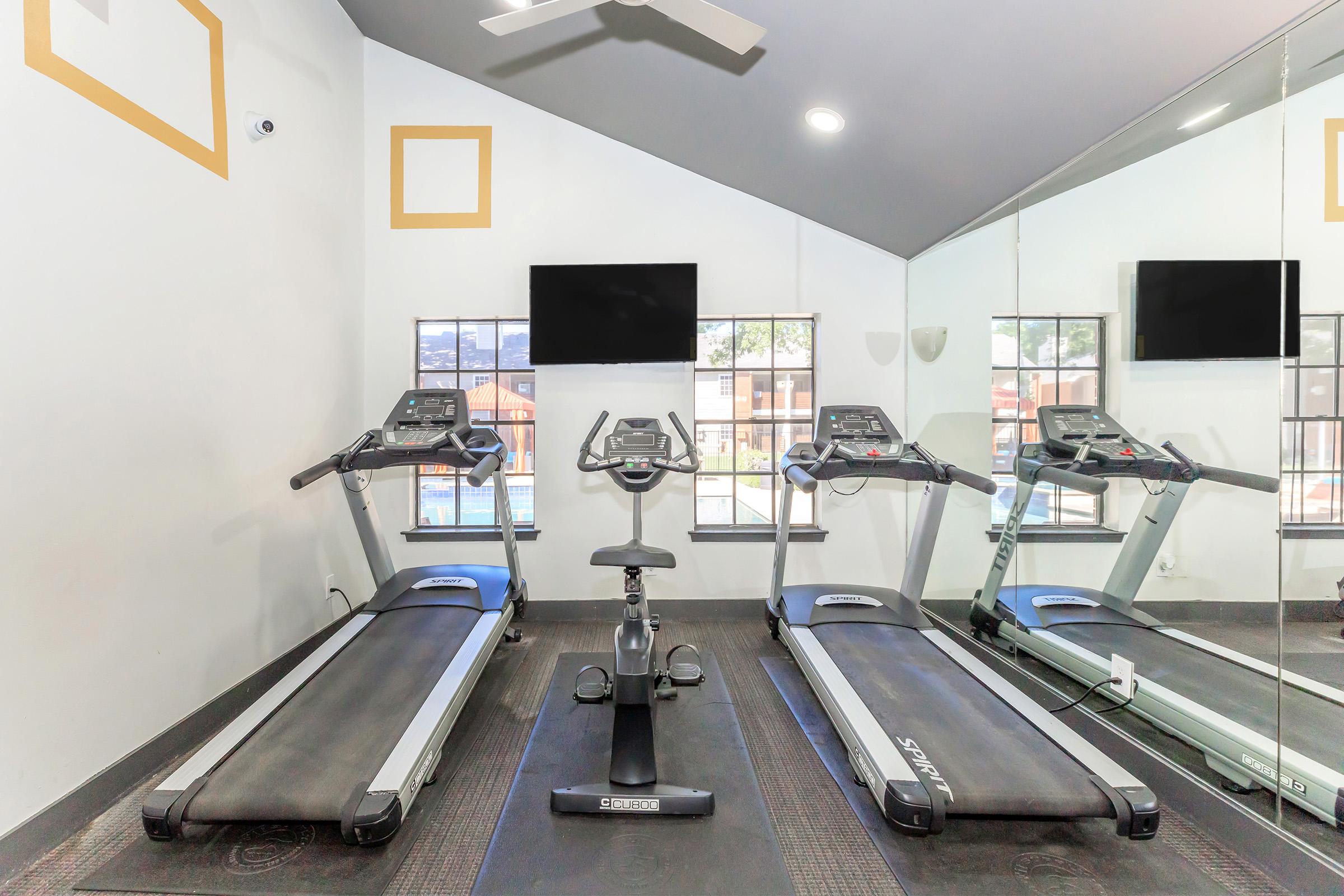 A modern gym interior featuring two treadmills and a stationary bike, with a large mirror reflecting the equipment. There is a flat-screen TV mounted on the wall, with windows and natural light visible in the background. The space is well-lit and designed for fitness activities.