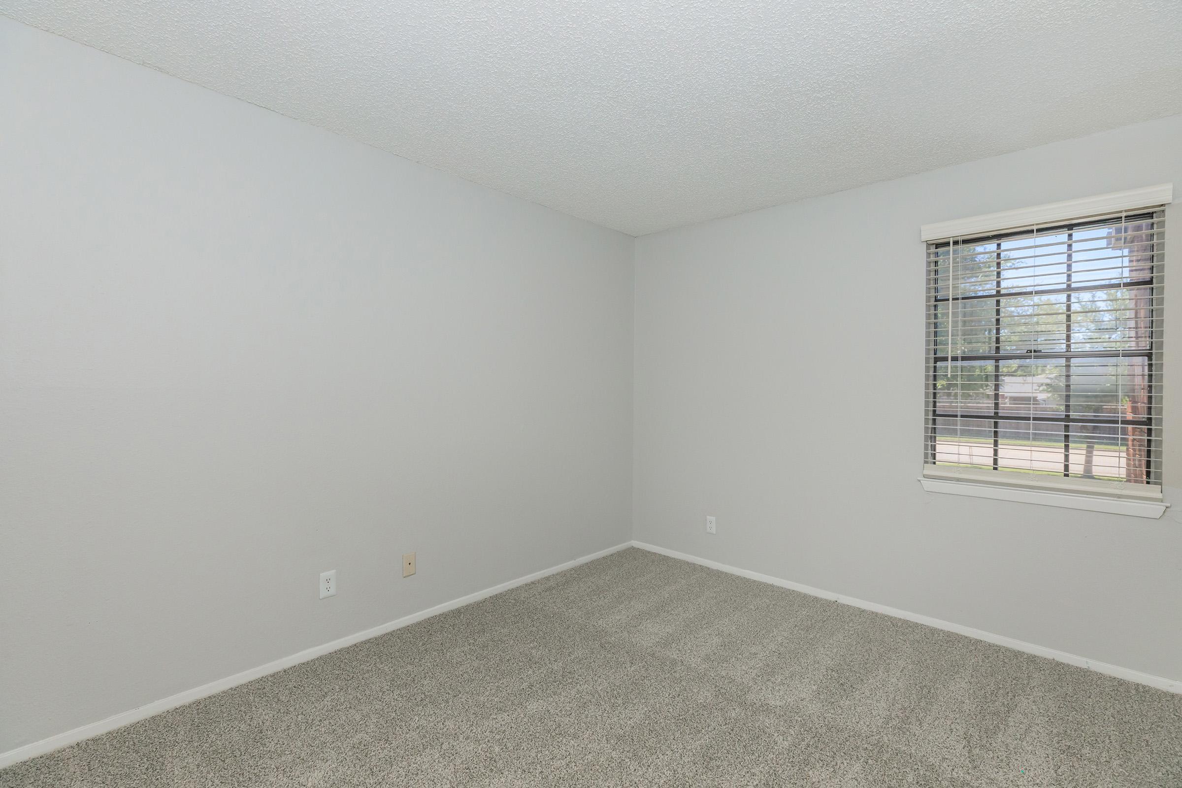 A blank, empty room with light gray walls and a textured ceiling. The floor is covered with beige carpet, and there is a window with horizontal blinds allowing natural light to filter in. The space is spacious and clean, giving a neutral, versatile backdrop.