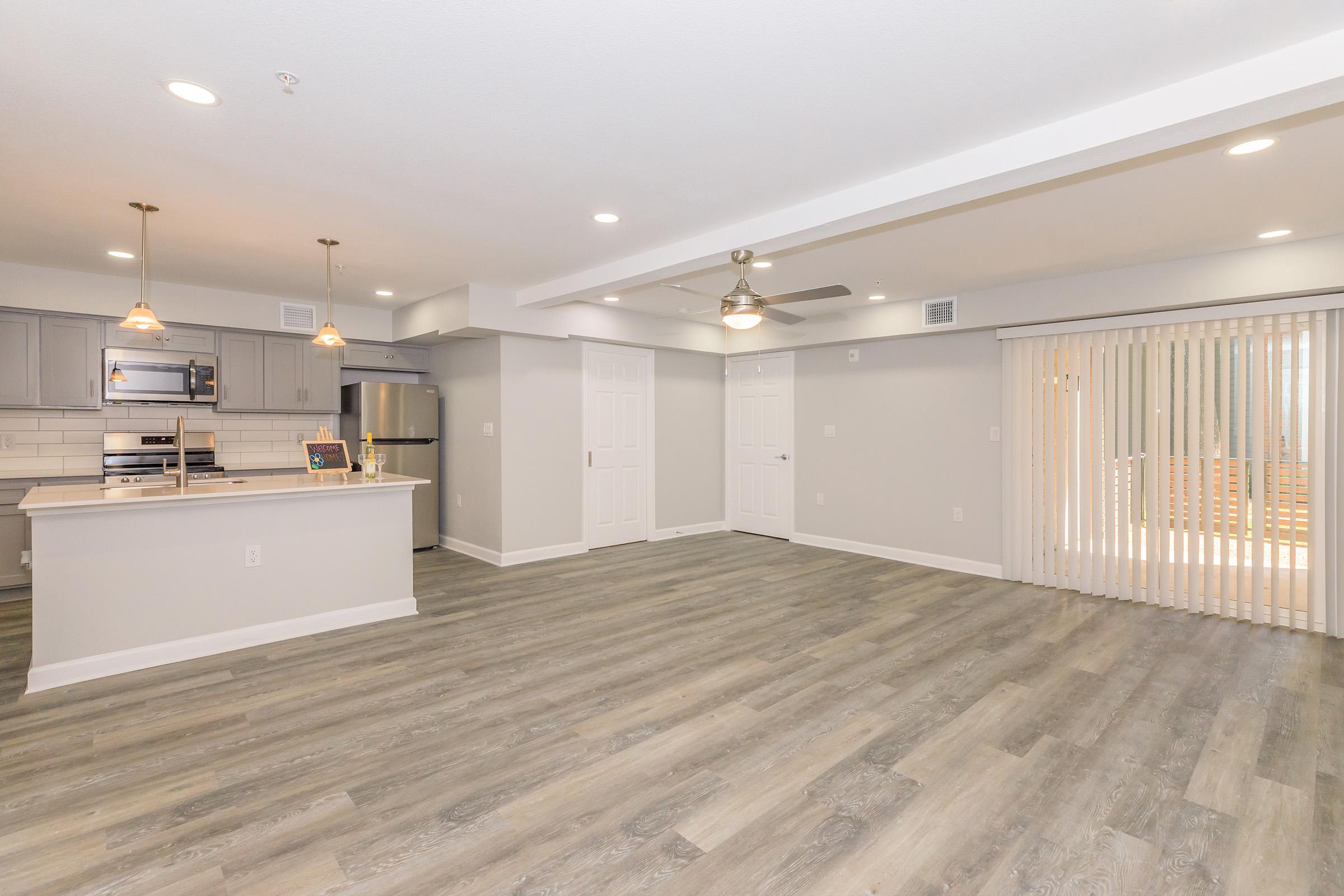 Spacious modern living area with a kitchen featuring gray cabinetry and stainless steel appliances. Light-colored wood flooring extends throughout. The room is well-lit with recessed lighting and a ceiling fan, and has sliding glass doors leading to a patio. Neutral walls enhance the airy feel.