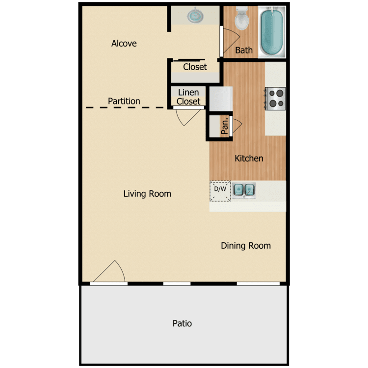 Plan A, a 1 bedroom 1 bathroom floor plan.