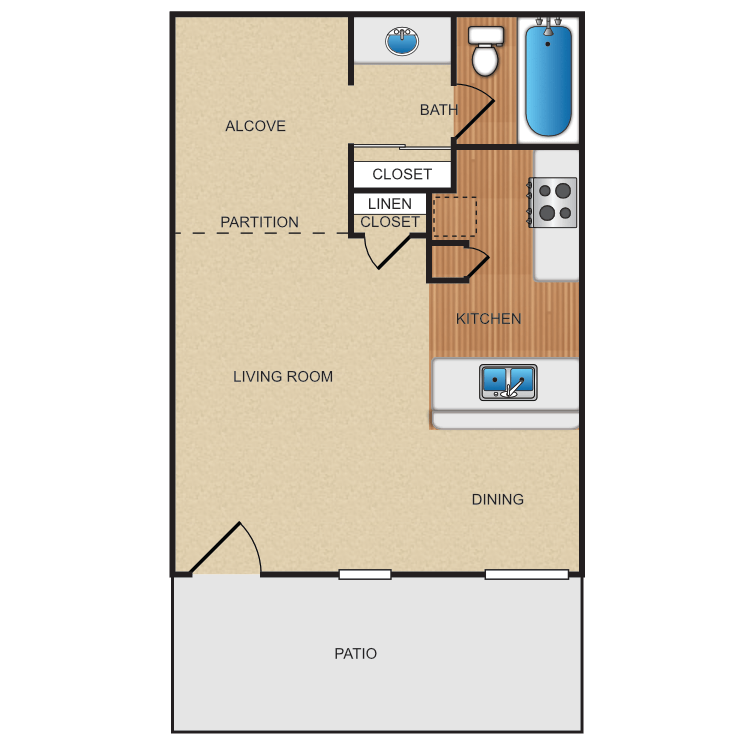 Plan A, a 1 bedroom 1 bathroom floor plan.