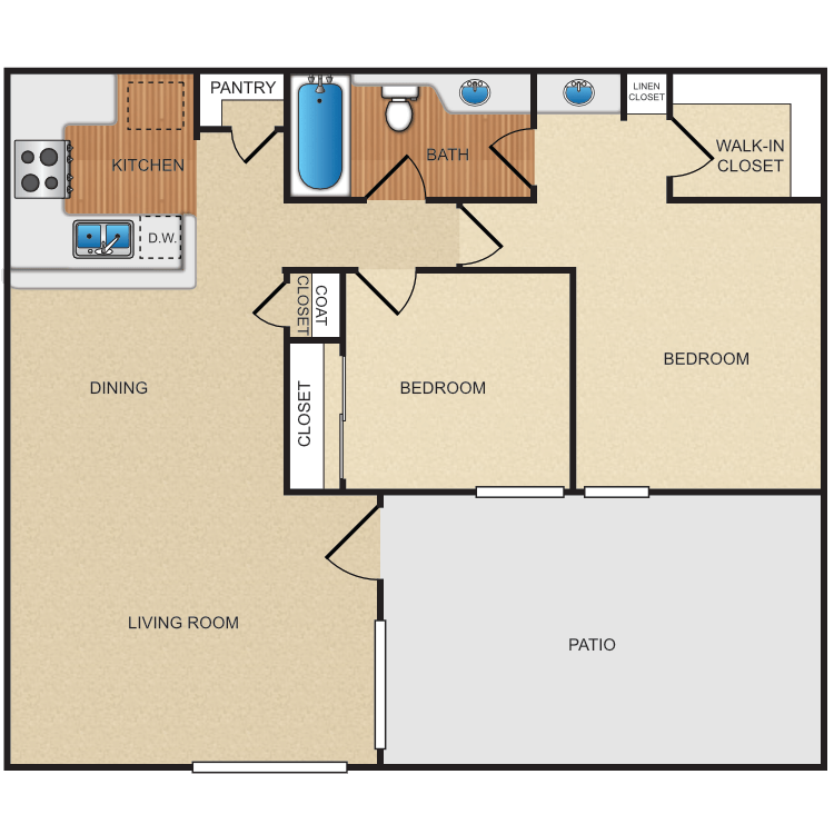 Plan C, a 2 bedroom 1 bathroom floor plan.