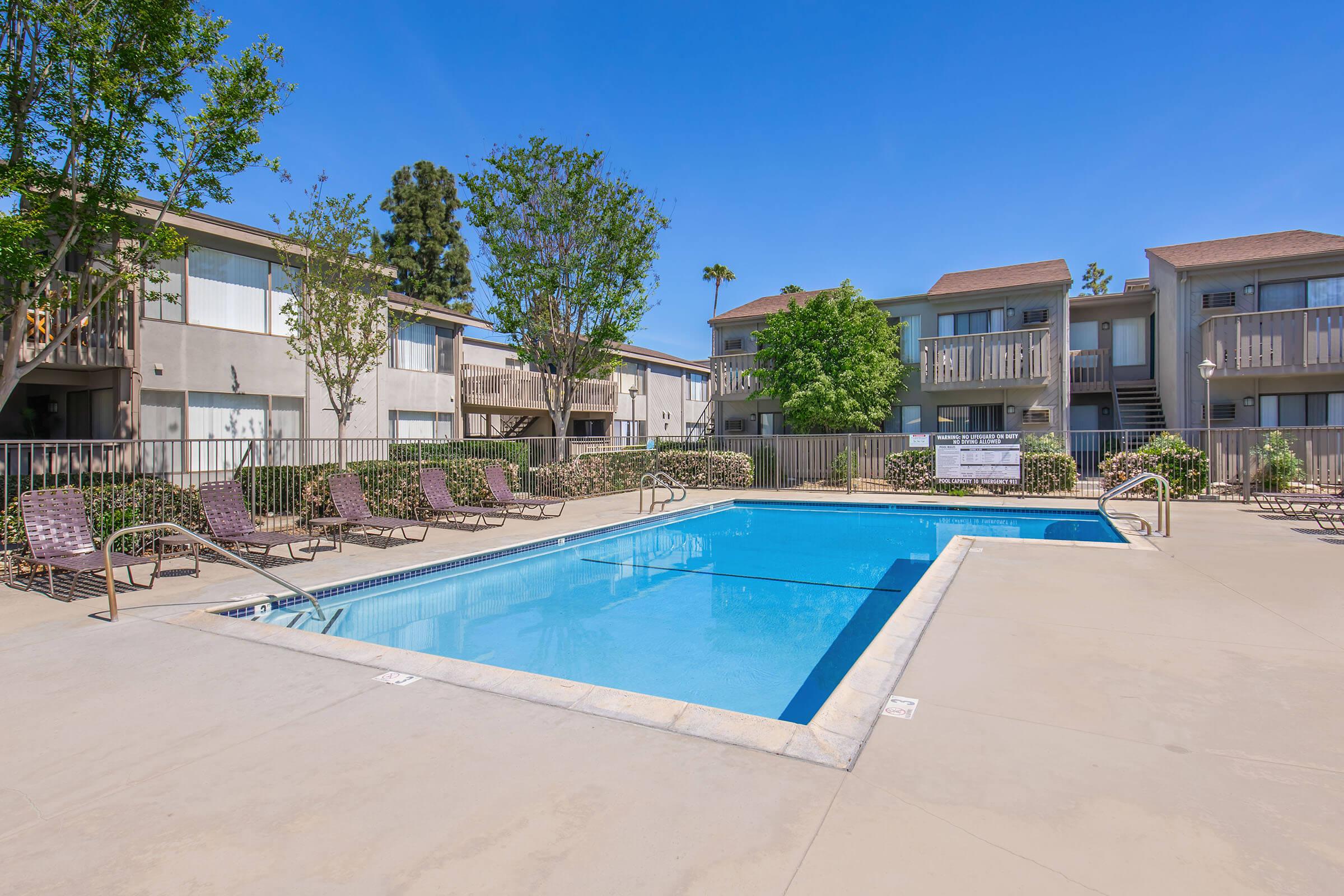 A clear blue swimming pool surrounded by a concrete patio and lounge chairs. On one side, there are several trees and shrubs. In the background, there are two multi-story apartment buildings with balconies, under a bright blue sky.
