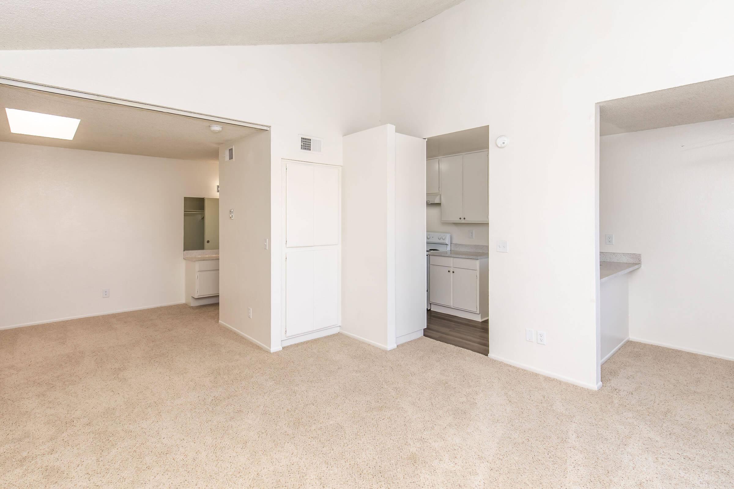 An open layout of a light-filled apartment with beige carpeting. The space features two entryways leading to a kitchen area on the left and a small, accessible room straight ahead. The walls are painted in a neutral tone, enhancing the airy ambiance of the living area.