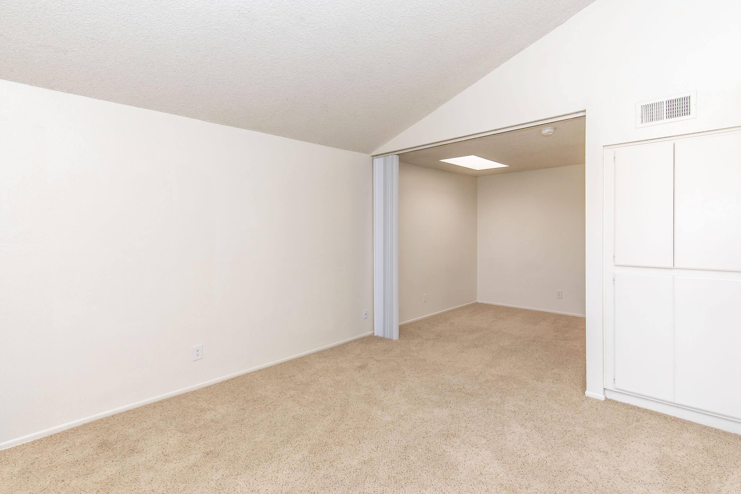 Empty interior space featuring beige carpet and off-white walls. The room has a sloped ceiling with a skylight and a small opening leading to another room. There is a closet on one side, enhancing the spacious feel of the area.