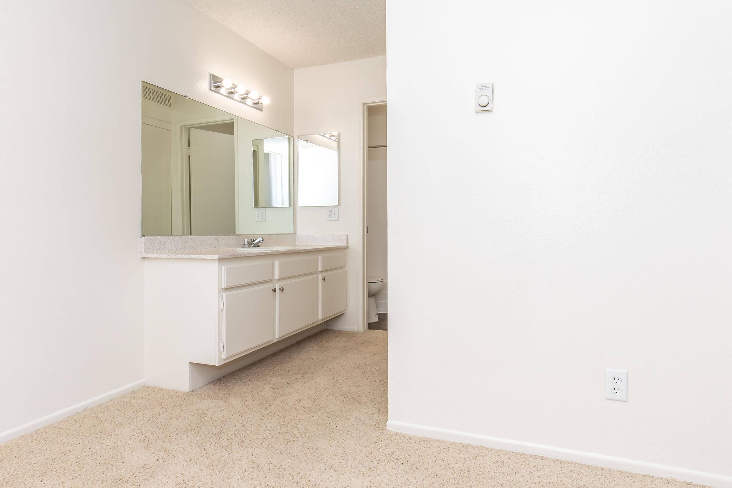 A bright and spacious bathroom featuring a double vanity with white cabinets, a large mirror above the sink, and beige carpet. The room has a neutral color scheme and includes an entryway leading to another space, with a glimpse of a toilet area visible through an open door.