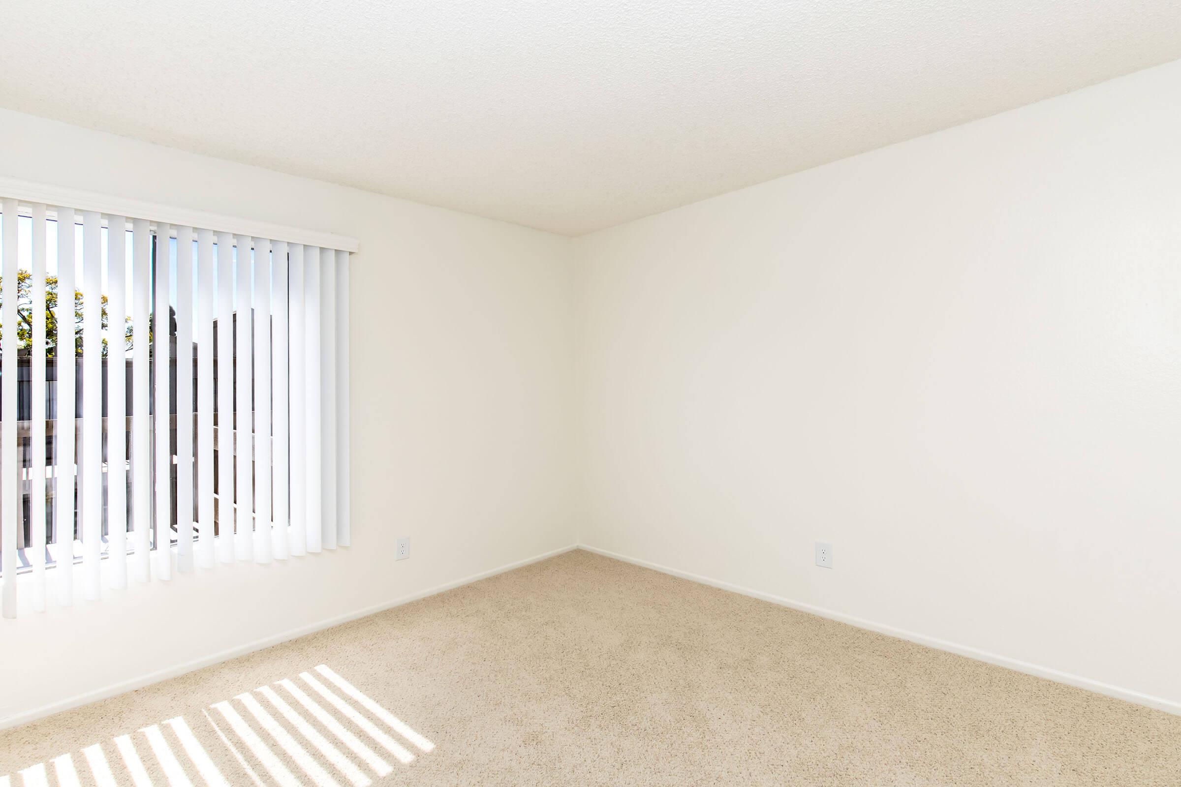 A bright, empty room with a light beige carpet. The walls are painted white, and there are vertical blinds on a window allowing natural light to enter. Sunlight casts stripes on the floor, creating a warm ambiance. The space is clean and uncluttered, ideal for various uses.