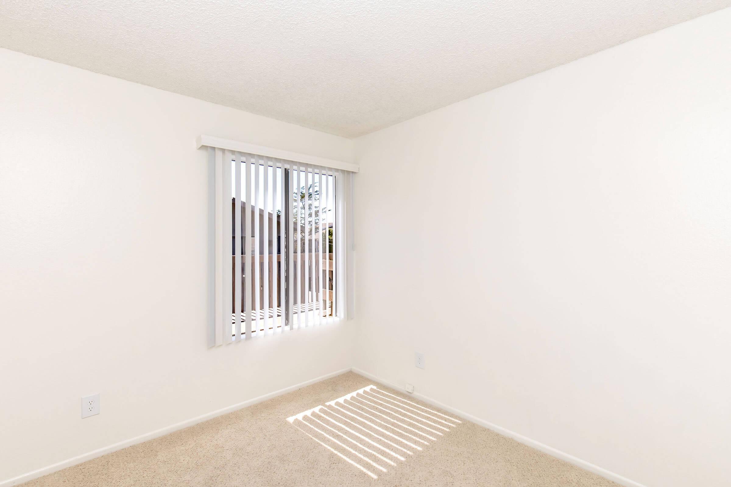 A bright, empty room with light beige carpet and soft beige walls. A window with vertical blinds allows natural light to filter in, casting shadows on the floor. The room has a simple, clean aesthetic, making it suitable for various uses.