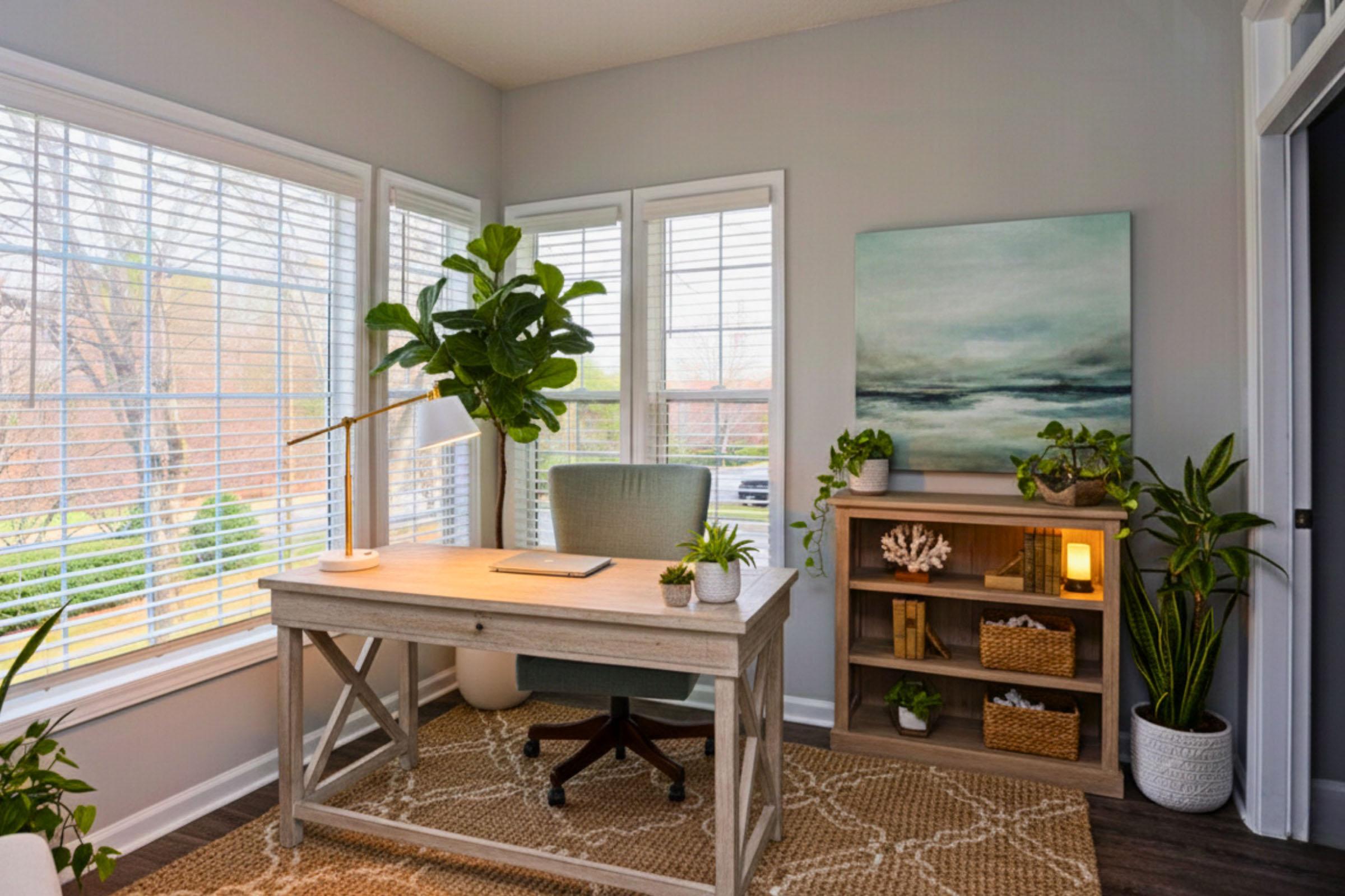 A bright and inviting home office with large windows allowing natural light. It features a wooden desk with a chair, a bookshelf filled with plants and decor, and a large potted plant beside the desk. A soothing abstract painting hangs on the wall, complementing the neutral color scheme.