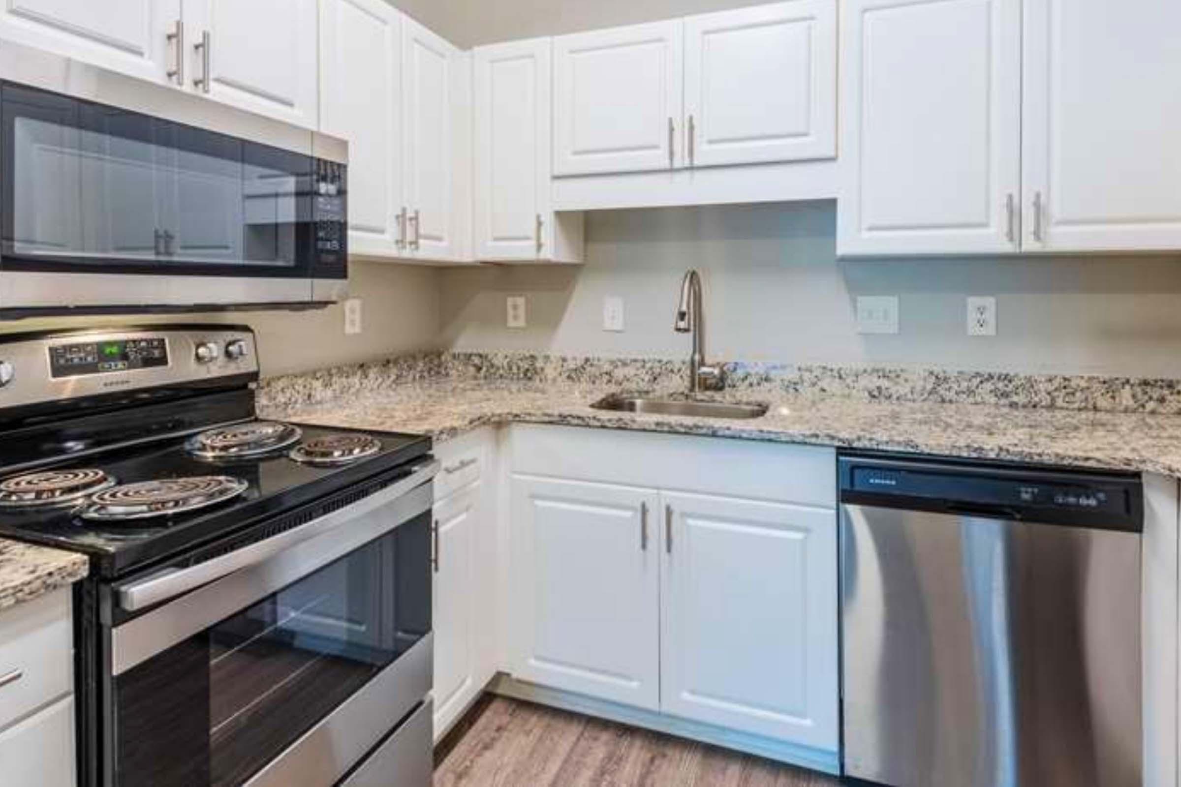 Modern kitchen featuring white cabinetry, a granite countertop, a stainless steel dishwasher, an oven with a glass top, and a microwave. The design is clean and functional, with a sink and ample storage space. The overall aesthetic is bright and inviting.