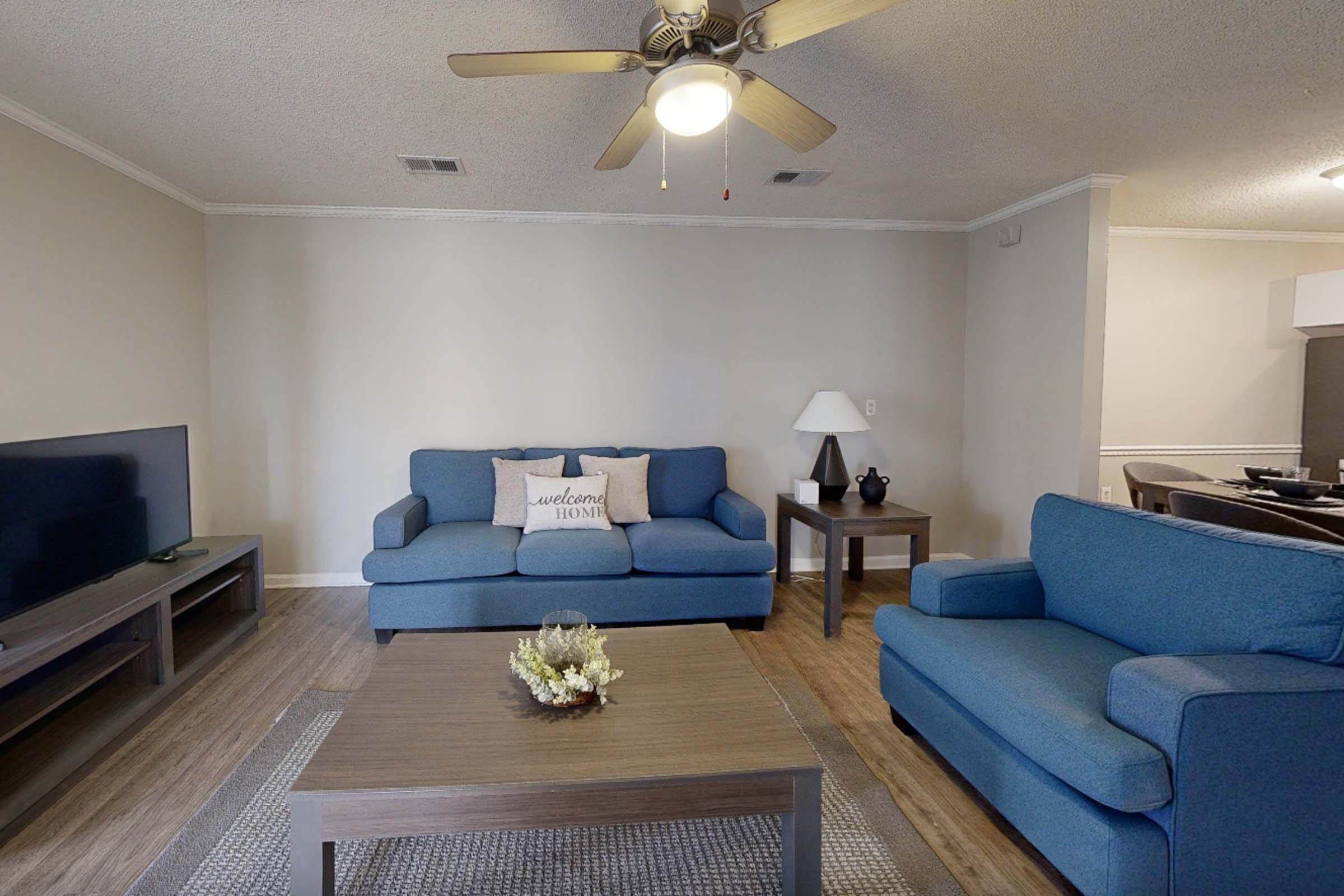 A cozy living room featuring two blue sofas, a wooden coffee table with a small decorative arrangement, a lamp, and a television on a console. The room has light-colored walls and a ceiling fan, creating a warm and inviting atmosphere.