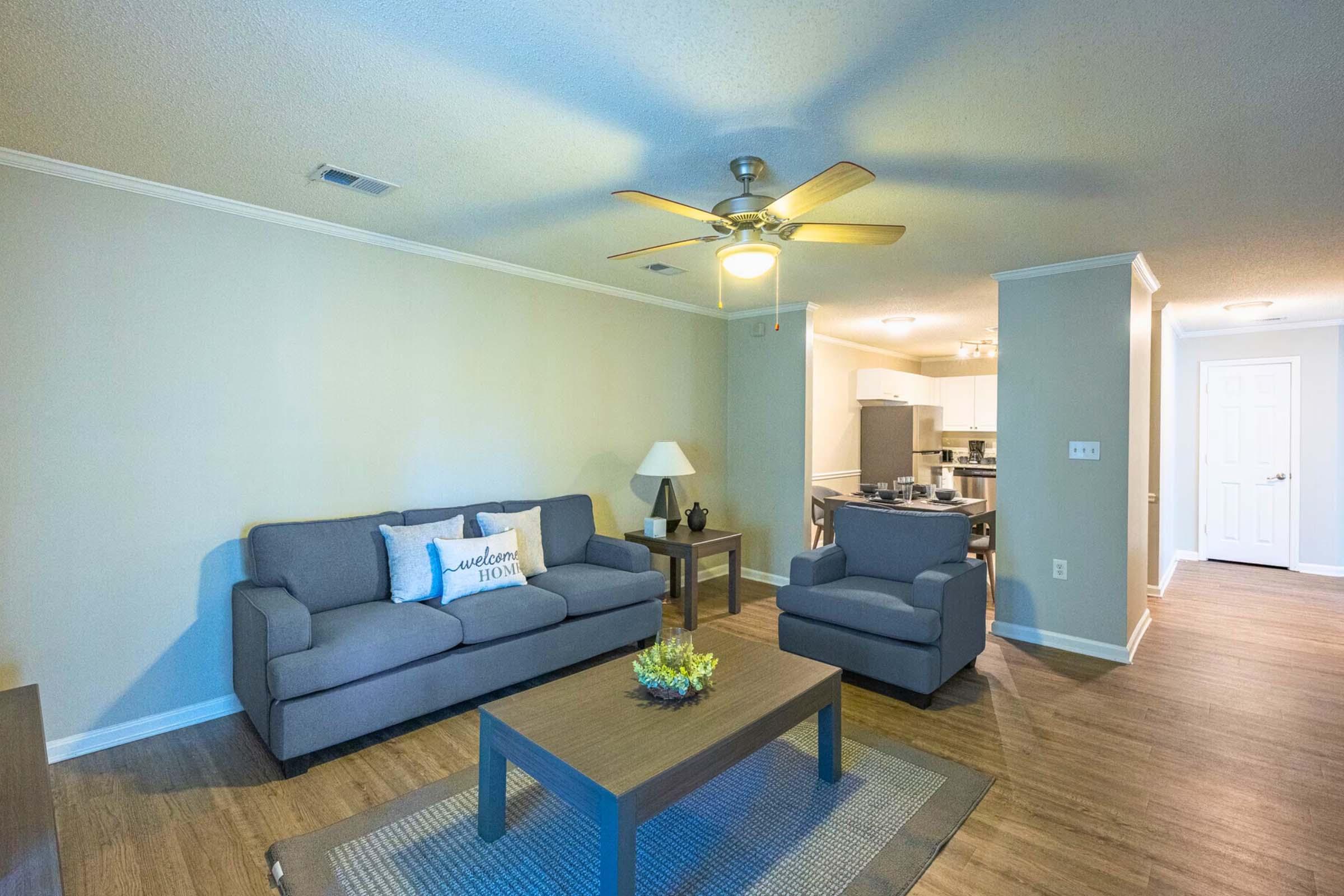 A cozy living room featuring a gray sofa, an armchair, and a coffee table with decorative plants. A lamp is positioned beside the sofa. The walls are painted a light color, and there's a ceiling fan overhead. In the background, a kitchen area is visible, contributing to a warm and inviting atmosphere.