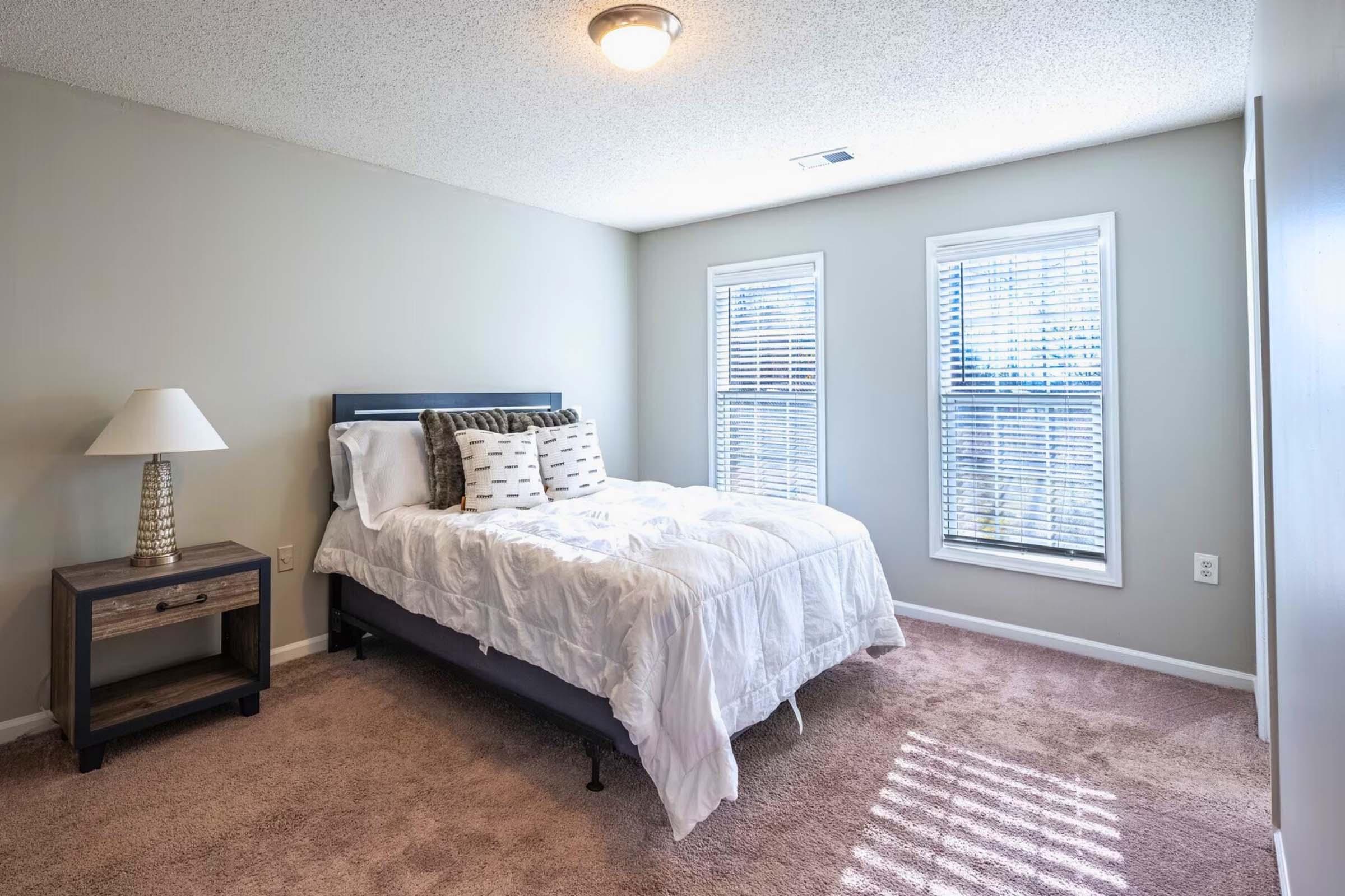 A well-lit bedroom featuring a queen-sized bed with a white comforter and decorative pillows. There are two windows with blinds allowing natural light, a bedside lamp on a small nightstand, and soft carpeting on the floor, creating a cozy and inviting atmosphere.