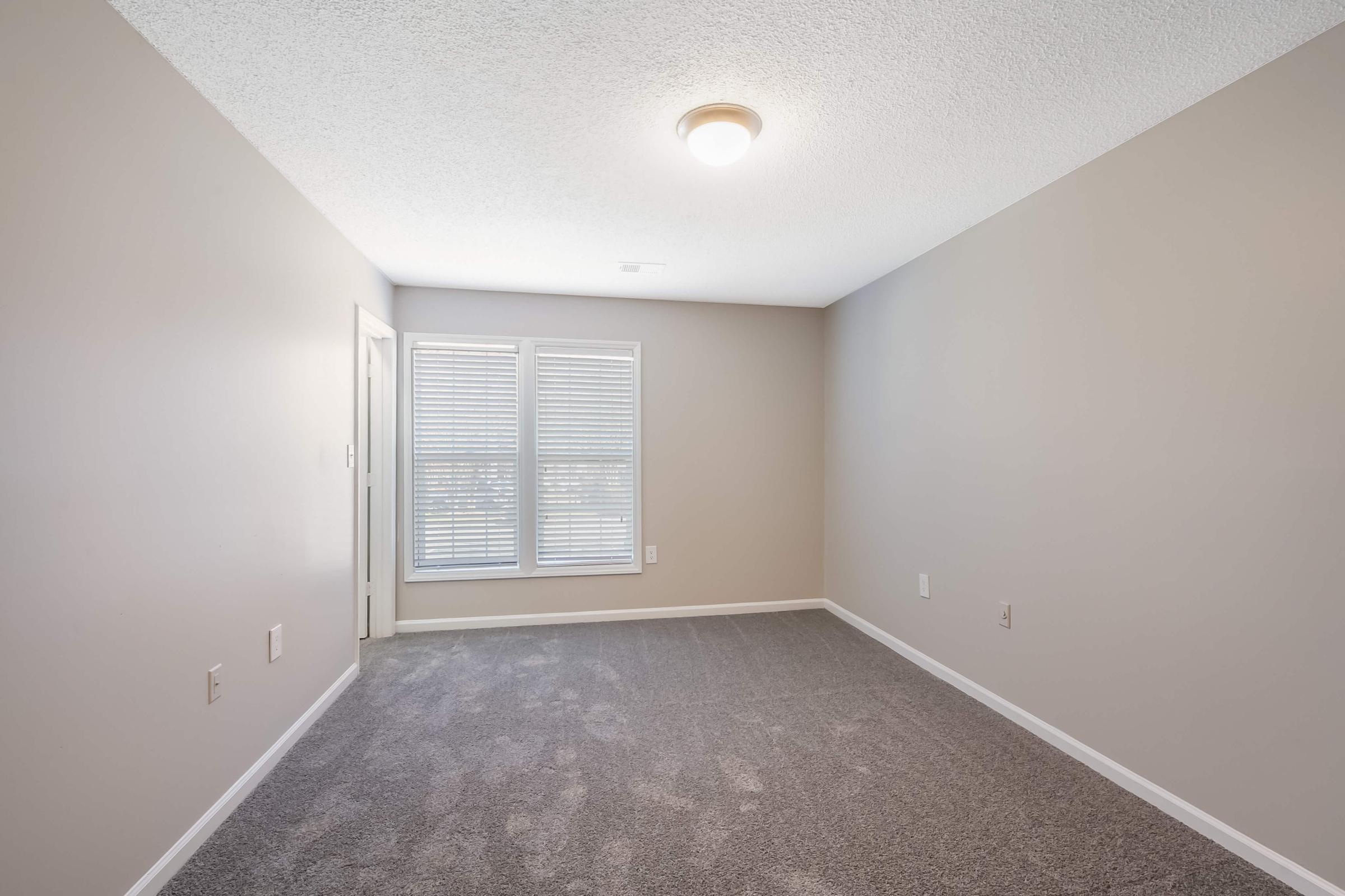 Empty room with light gray walls and light gray carpet. A ceiling light provides illumination, and two windows with closed blinds let in natural light. The room features a door on the left side, and is otherwise uncluttered, creating a simple and open space.
