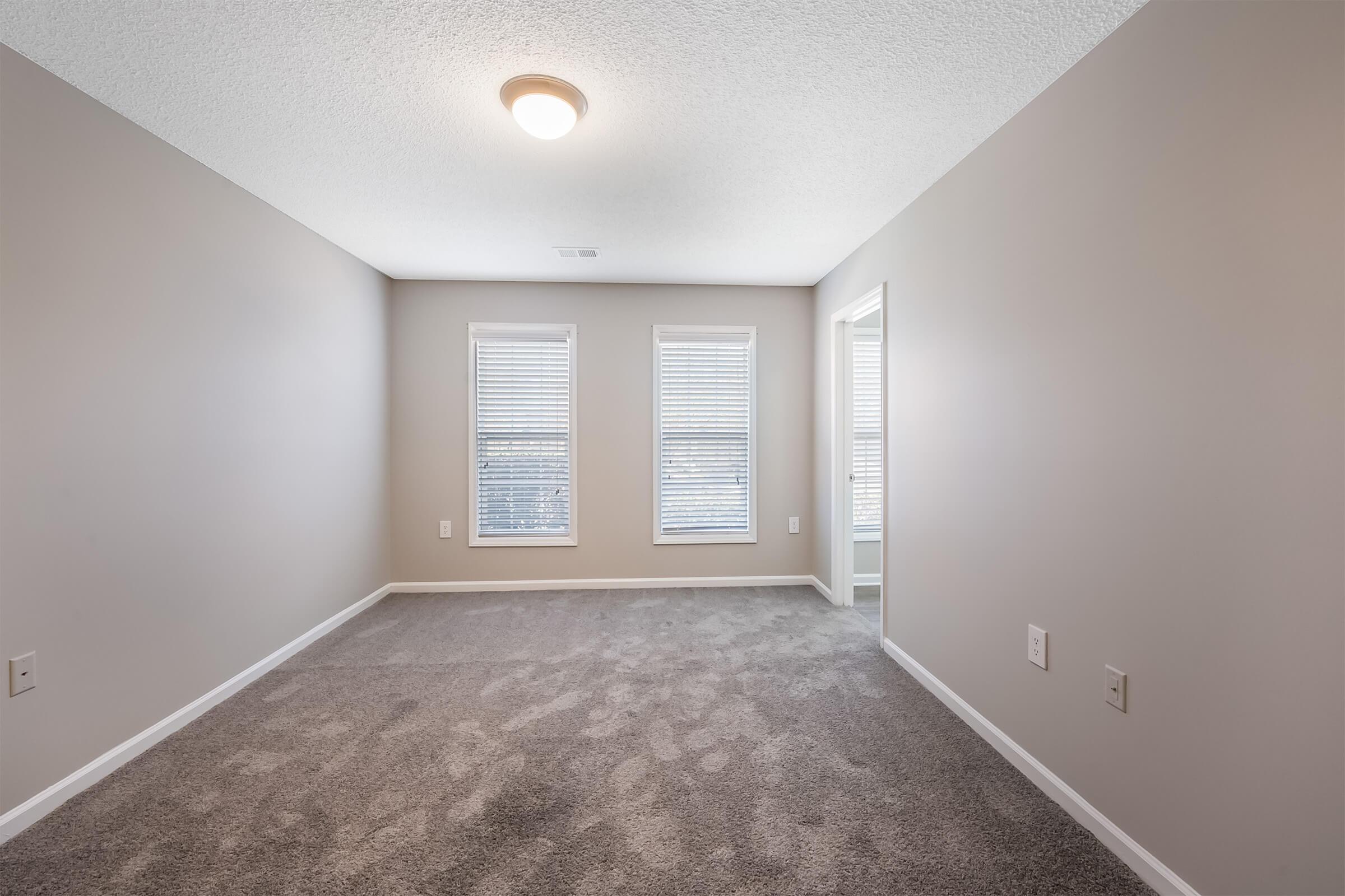 Empty room featuring light gray walls, two windows with blinds allowing natural light, and a ceiling light fixture. The floor is covered with light gray carpet, and there is a doorway leading to another room. The space is clean and modern, ideal for personal customization.