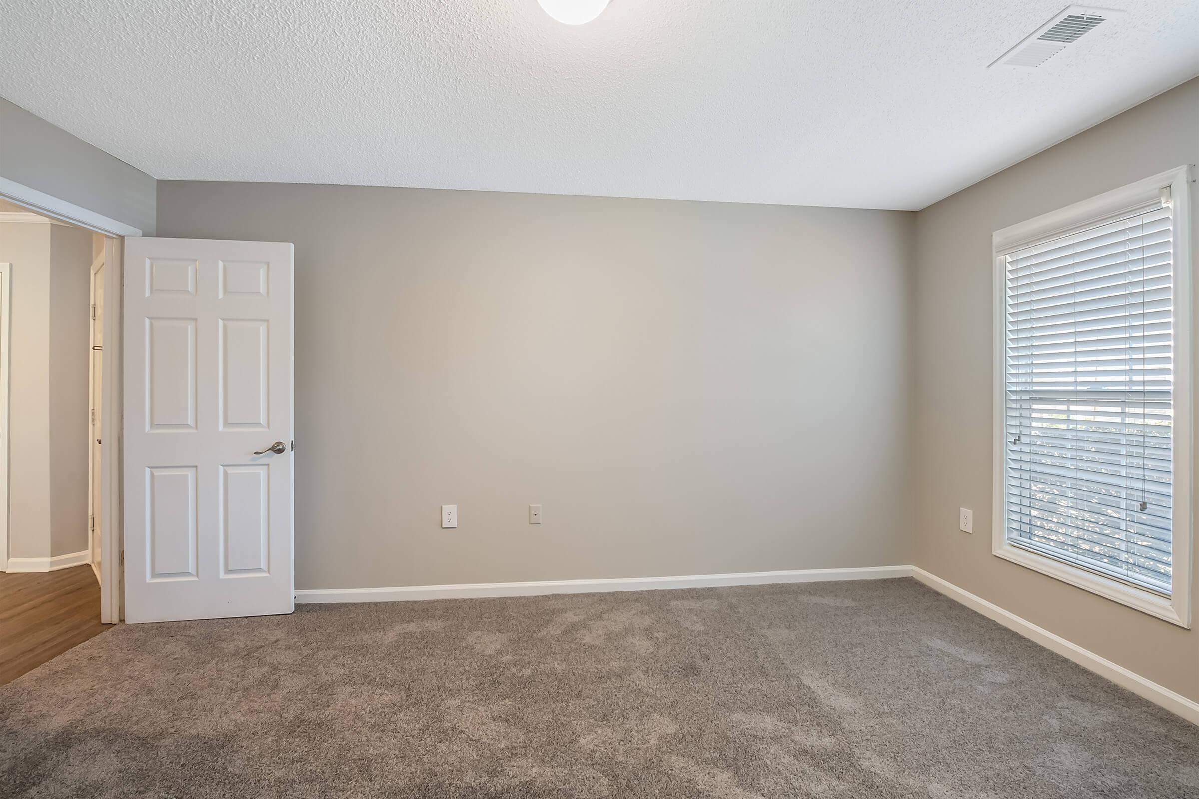 A softly lit bedroom with light gray walls and plush carpet. The room features a closed white door on the left, an empty corner, and a window with white blinds allowing natural light to enter. The overall atmosphere is clean and minimalistic, suitable for various decor styles.