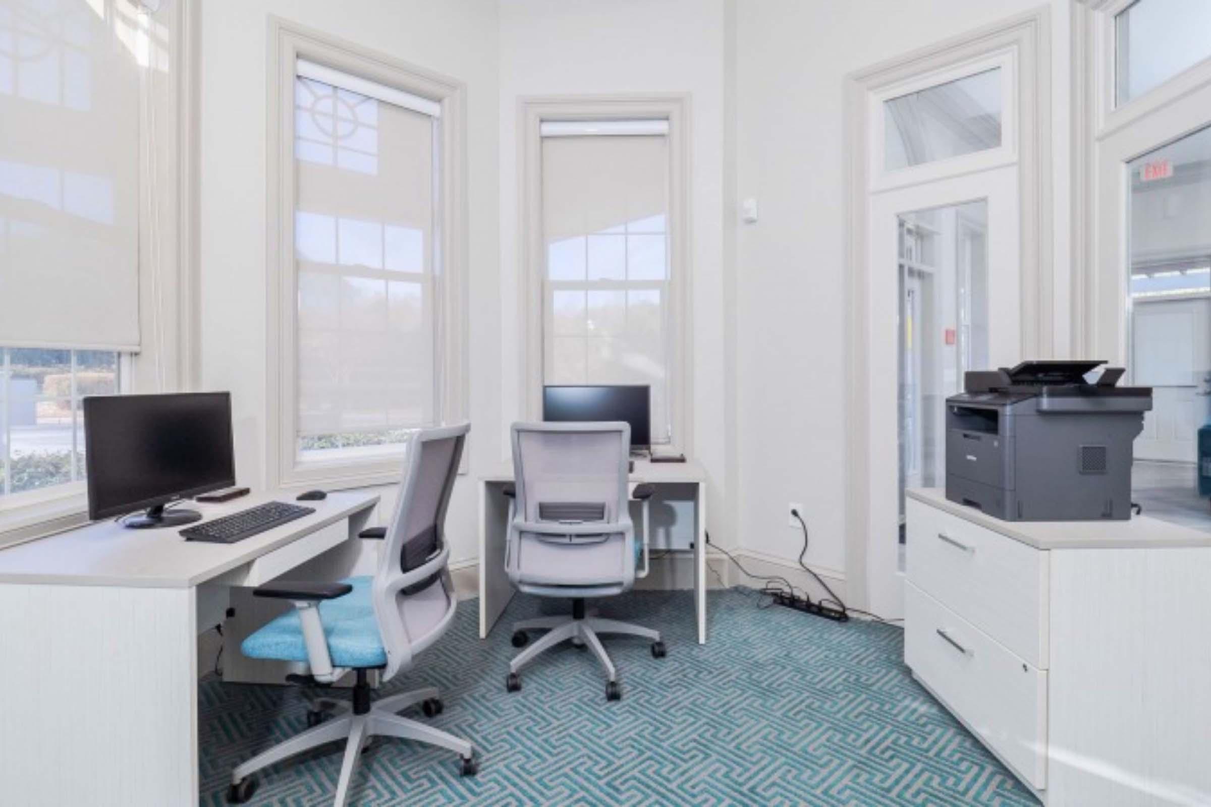 A bright, modern office space featuring two desks with computers and ergonomic chairs. The room has large windows with shades, allowing natural light. There's a printer in the corner and a light-colored filing cabinet against the wall, complemented by a patterned blue carpet.