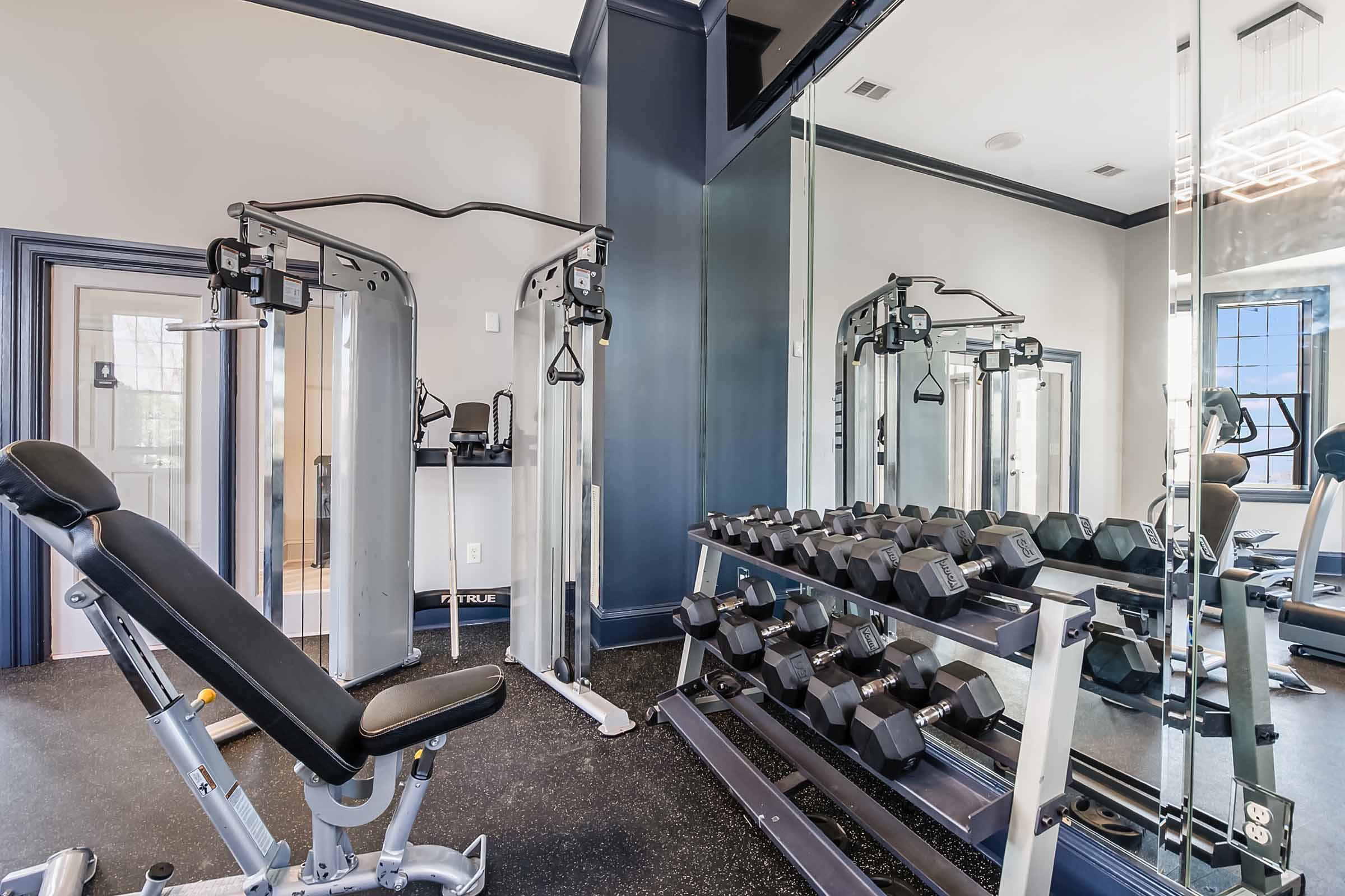 A modern gym interior featuring a multi-station weight machine, a bench for exercises, and a rack of dumbbells. Mirrors on the wall enhance the space, which is brightly lit and designed for fitness activities. The environment is clean and organized, promoting a motivating workout atmosphere.
