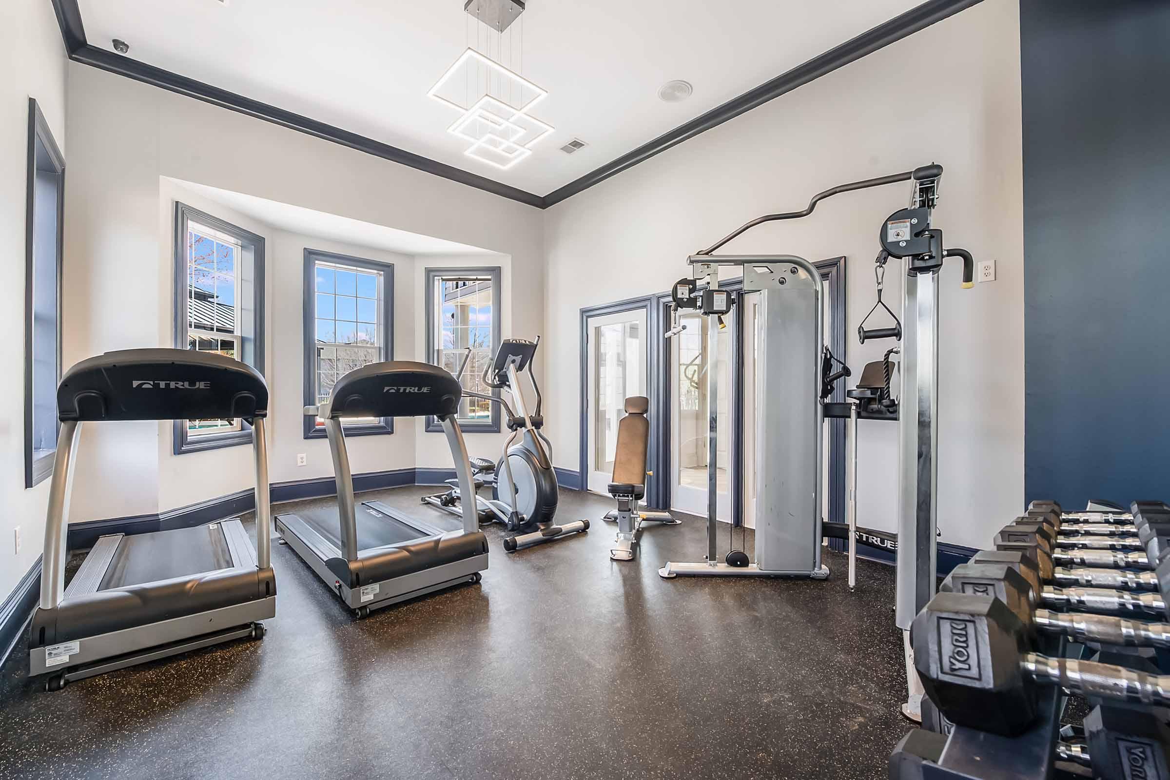 A modern home gym featuring two treadmills, an elliptical machine, a multi-station weight machine, and a set of free weights. The room has large windows allowing natural light and a sleek, contemporary design with dark accents.