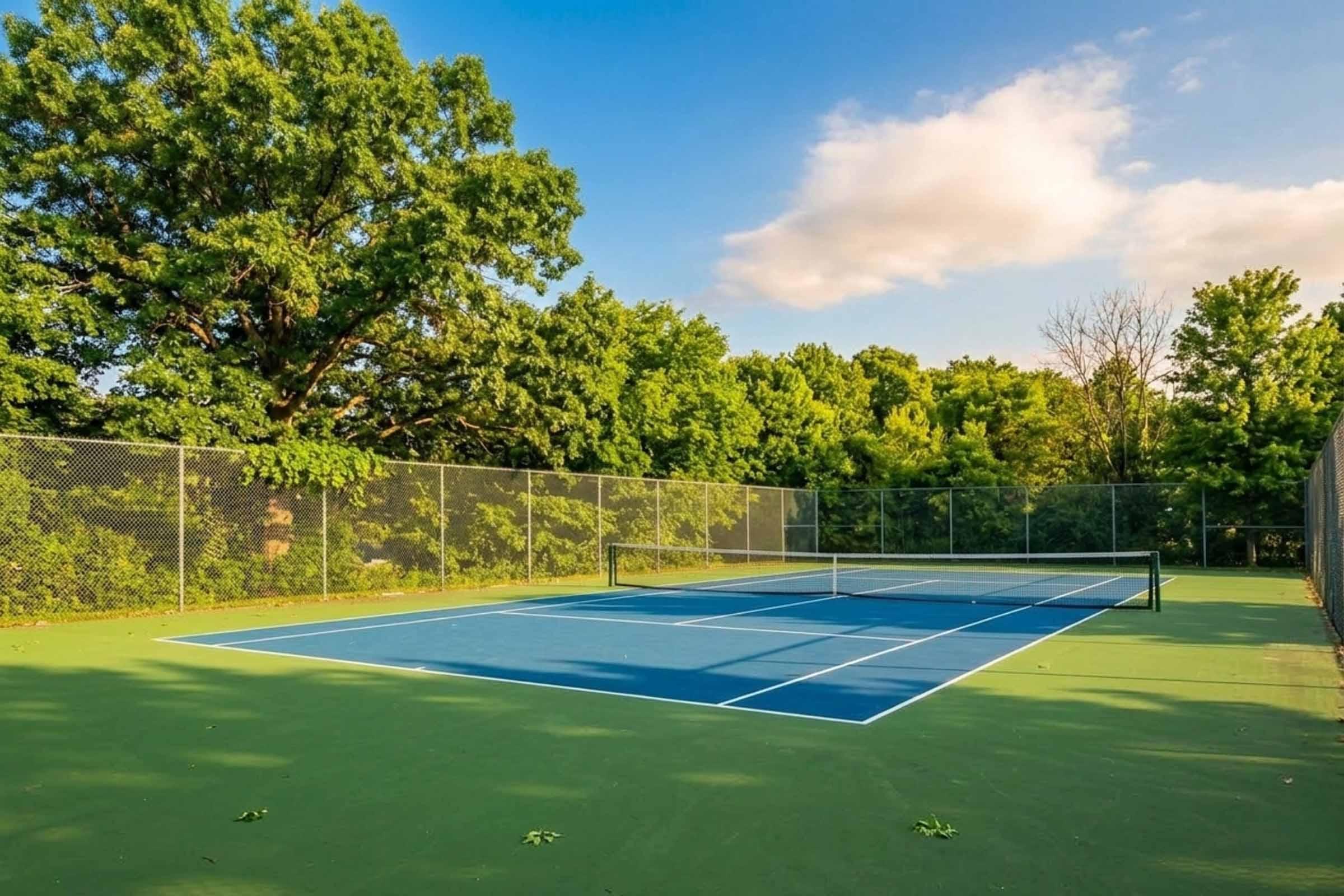 A tennis court surrounded by greenery, featuring a blue playing surface and white lines. The court is enclosed by a chain-link fence, with large trees in the background under a clear blue sky with scattered clouds.