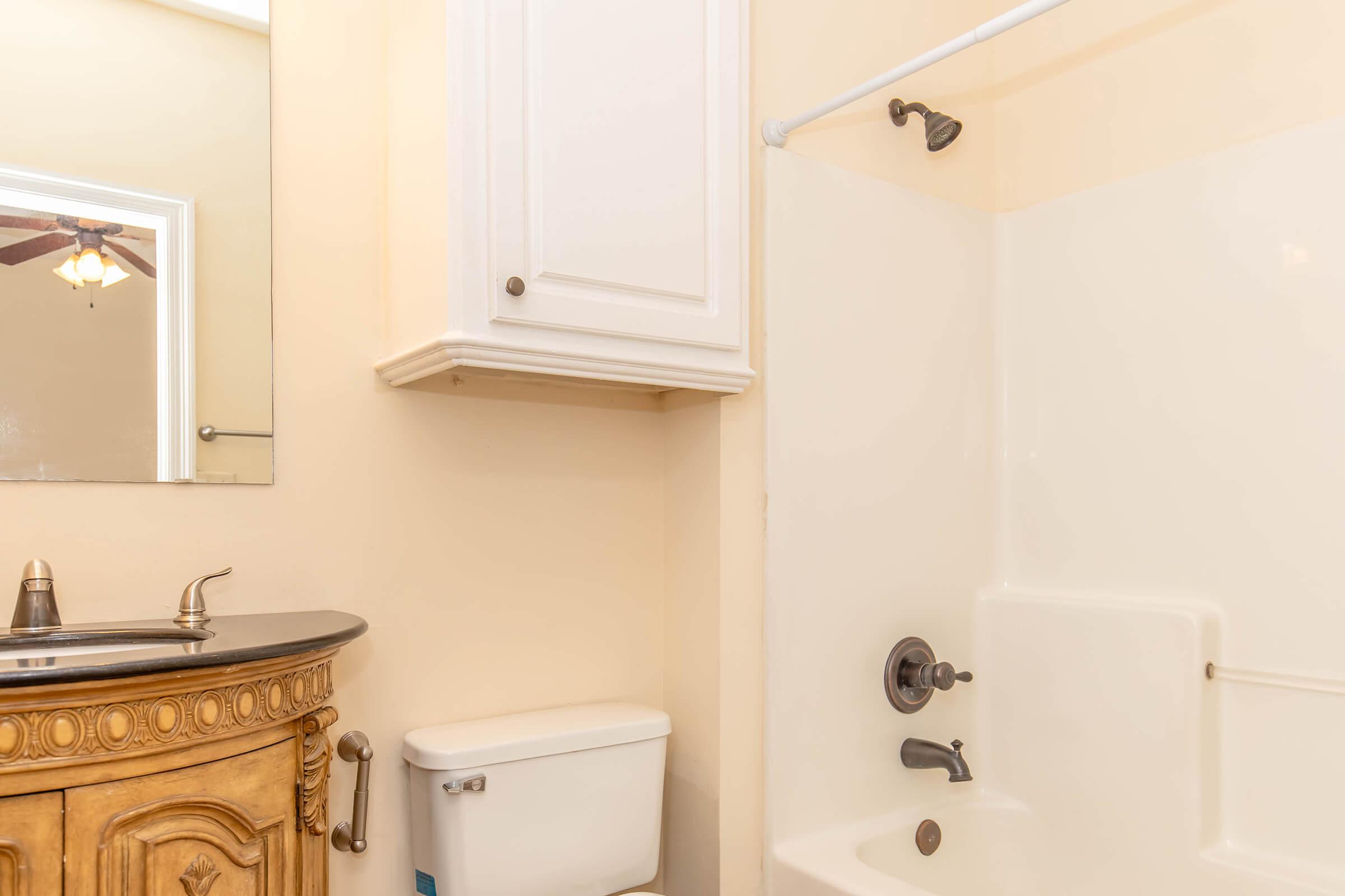 A bathroom featuring a white bathtub with shower, a wooden cabinet with a black countertop, a toilet, and a large mirror reflecting a ceiling fan. The walls are painted a light color, giving a spacious appearance.