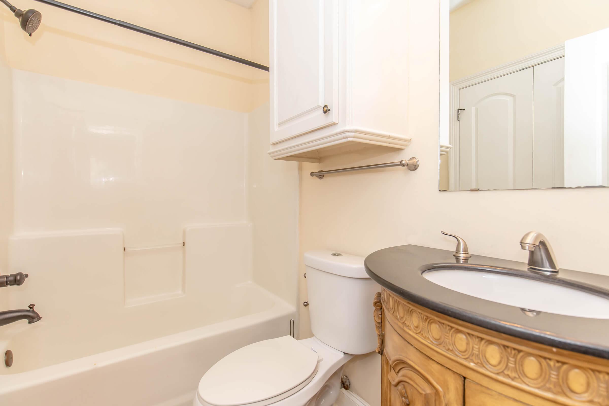 A clean bathroom featuring a bathtub with a showerhead, a toilet, and a vanity with a dark countertop and decorative wooden cabinetry. The walls are painted a light color, and there is a mirror above the sink. The space appears well-maintained and organized.