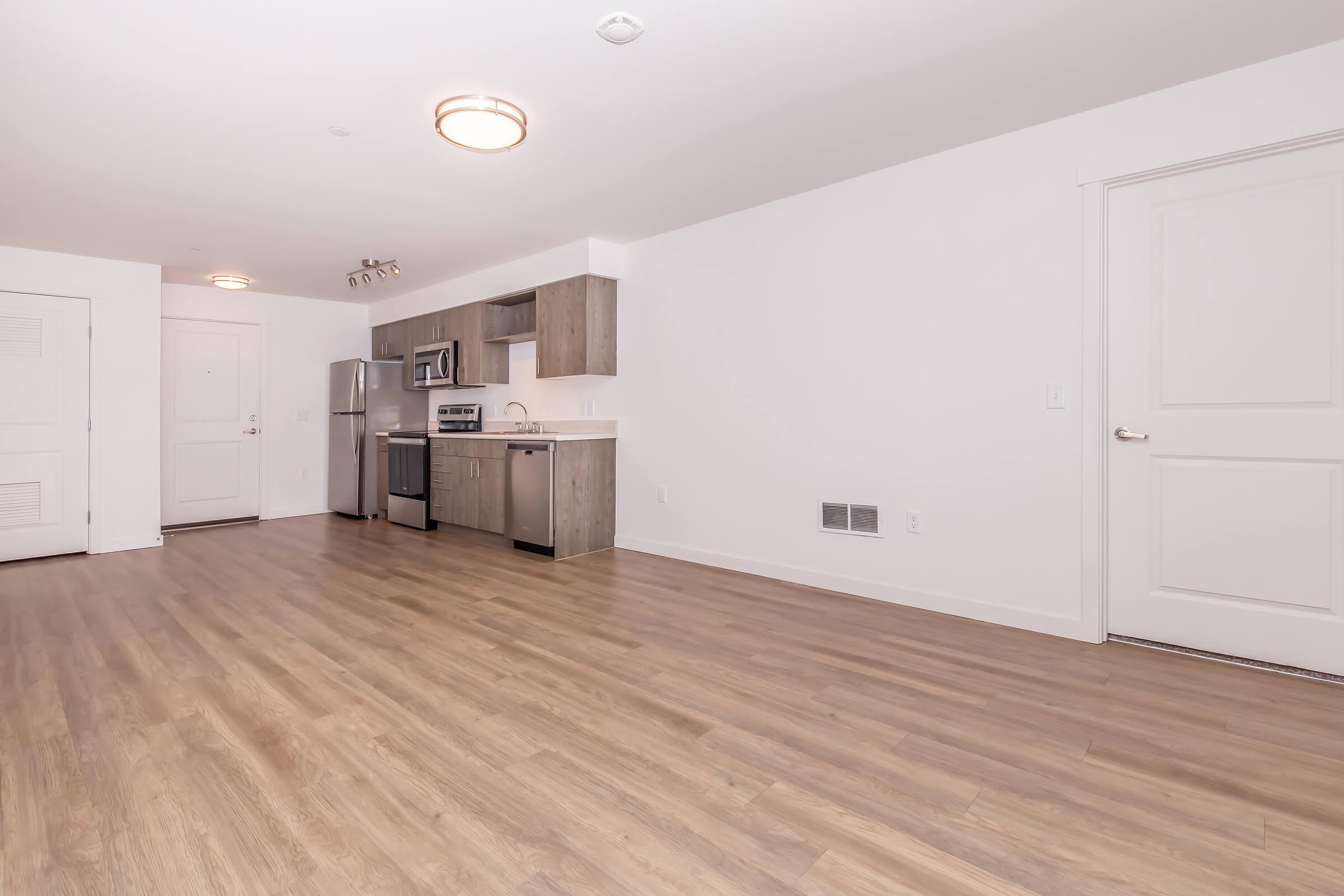 Open-concept living space featuring a modern kitchen with stainless steel appliances, wooden cabinets, and a spacious living area with light-colored hardwood flooring. The walls are painted white, and there is a door leading to an entry area. Natural light brightens the space.