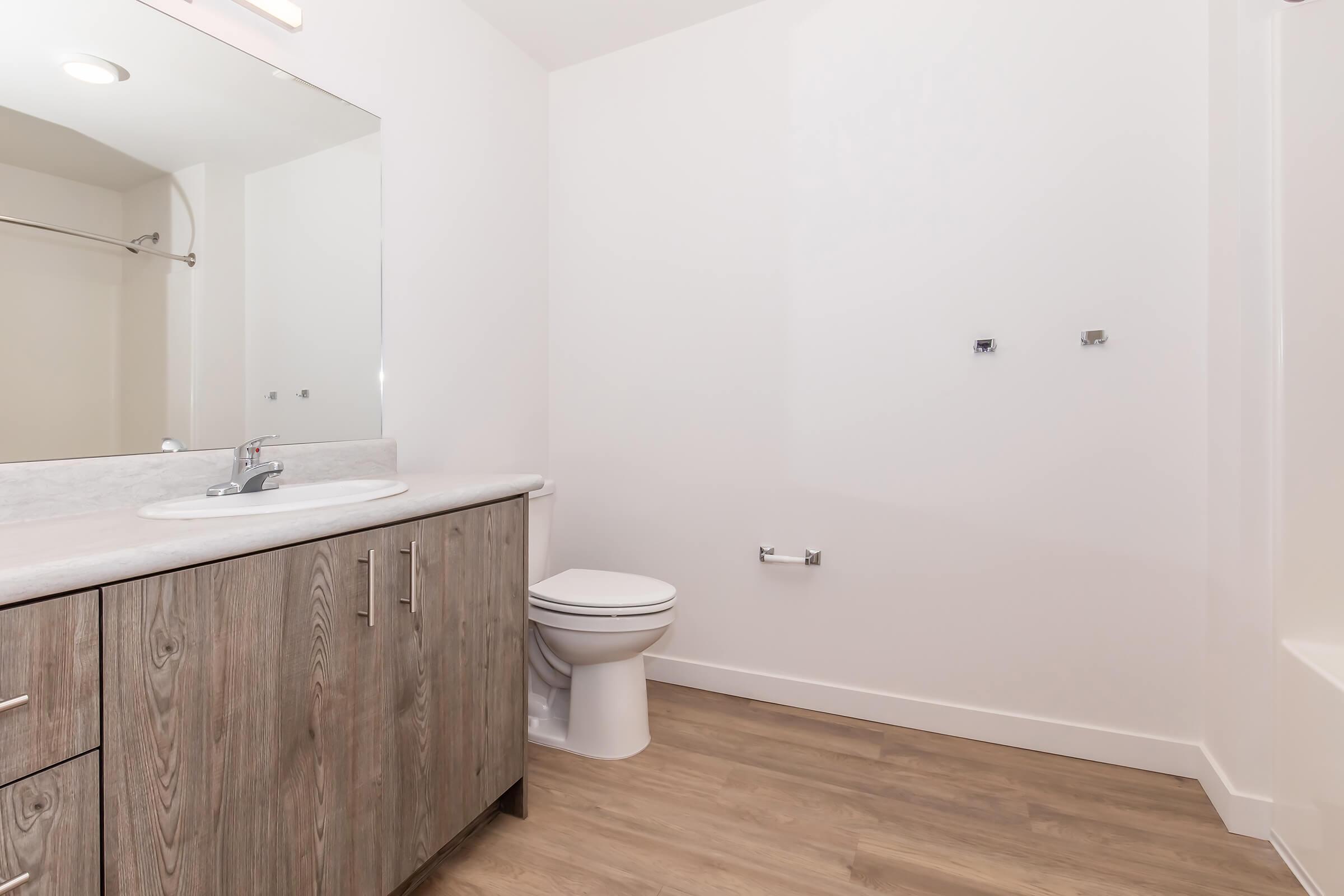 A clean, modern bathroom featuring a wooden vanity with a sink and a large mirror. There is a toilet and a shower area visible, with light-colored walls and wooden flooring, creating a spacious and minimalist aesthetic. The space appears well-lit and freshly designed.