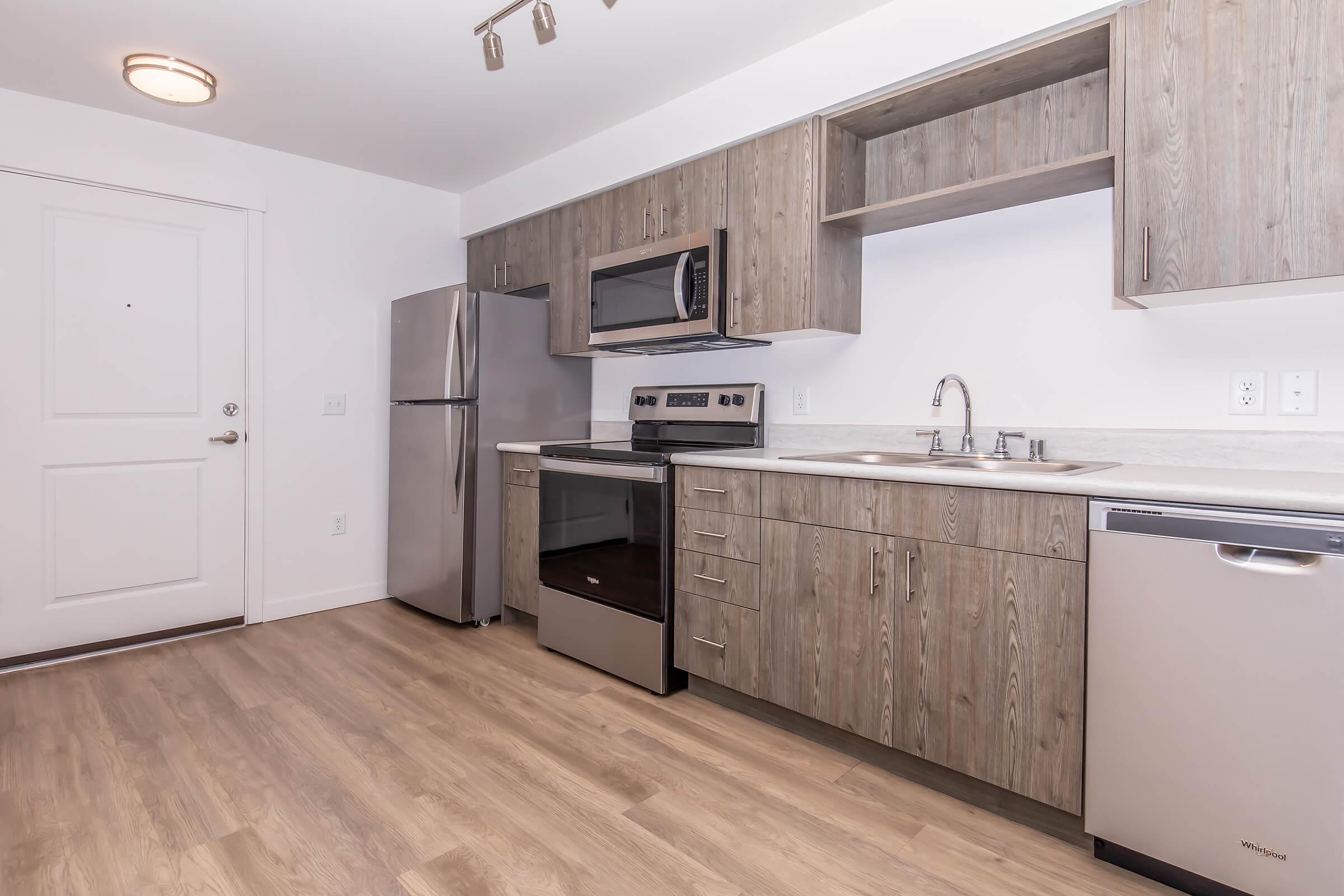Modern kitchen featuring stainless steel appliances, including a refrigerator, microwave, oven, and dishwasher. The cabinetry is a light wood finish, complemented by a granite countertop. There is a door on the left leading to the entrance, and the floor is finished with light wood laminate.