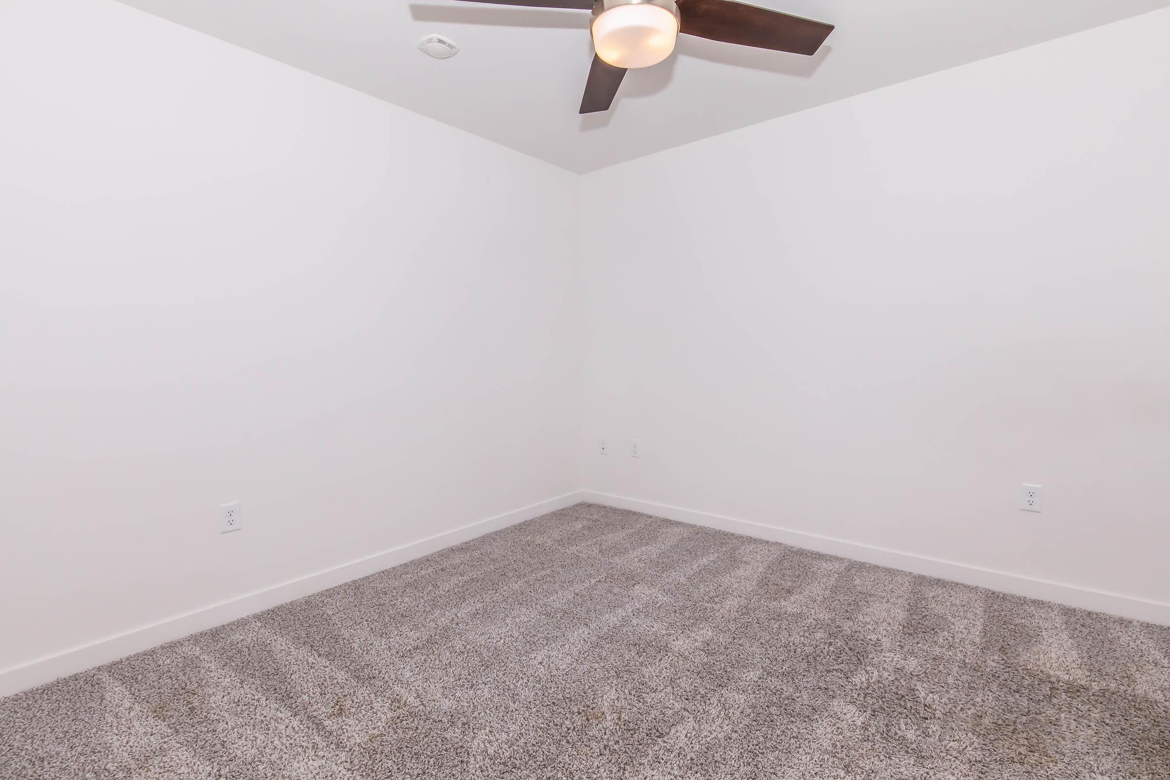 A sparsely furnished room featuring light-colored walls and a ceiling fan. The floor is covered with soft, plush carpet, and there are no visible decorations or furniture, creating a clean and minimalistic look. The room has a bright and airy feel due to natural light.